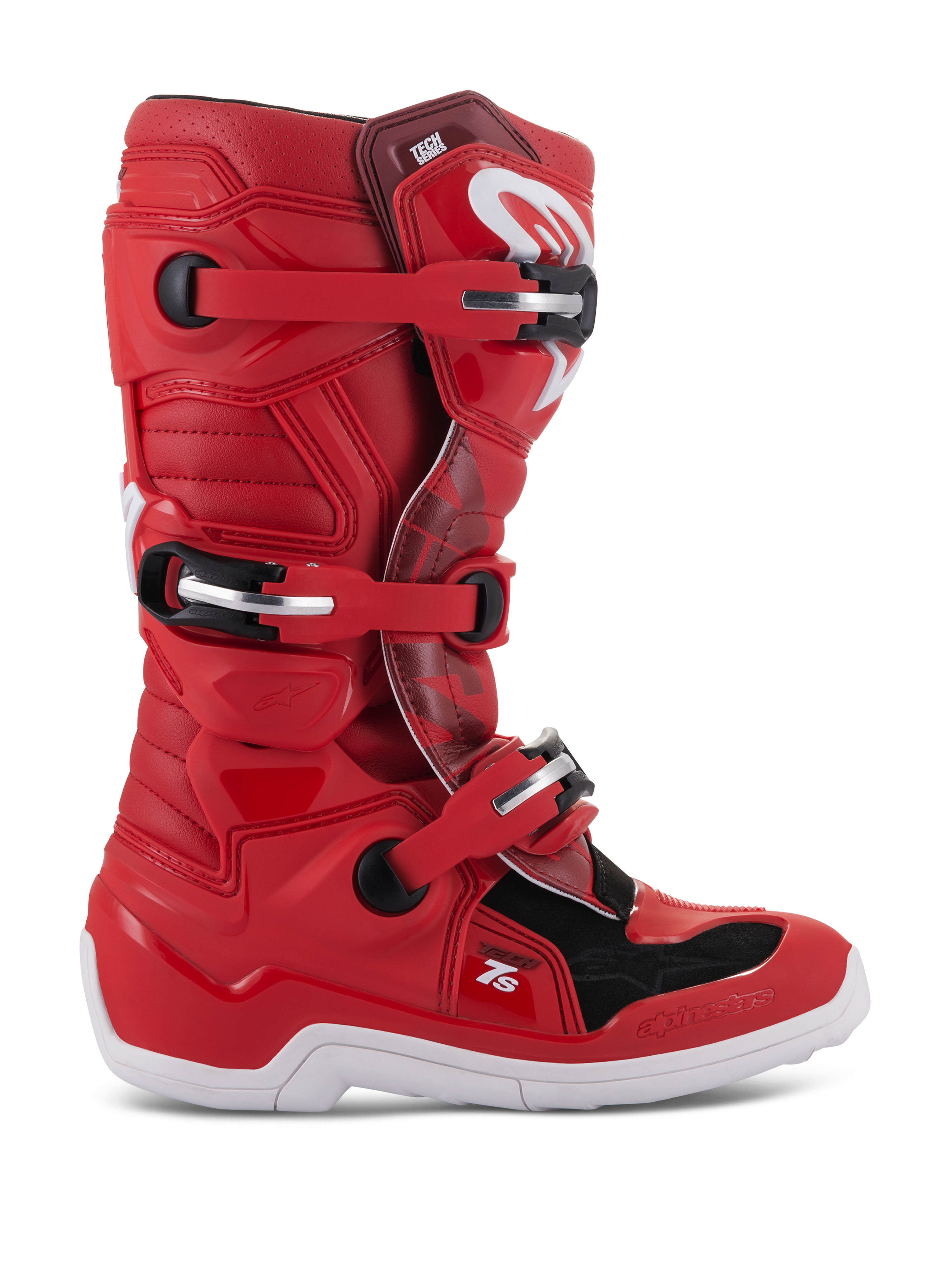 Alpinestars Youth Tech 7S Stiefel, Motocross-Offroad-Stiefel, Rot mit schwarzen und weißen Akzenten, Mehrfaches Schnallenverschlusssystem, Strukturierte Schutzpaneele, Weiße Sohle, Verstärkte Struktur für jugendliche Fahrer