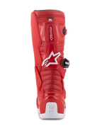 Alpinestars Youth Tech 7S Stiefel, rote Motocross-Stiefel, Rückansicht mit weißem Alpinestars-Logo und Fersenschutz, gerippte Flexzonen, schützende TPU-Konstruktion für den Jugend-Offroad-Rennsport