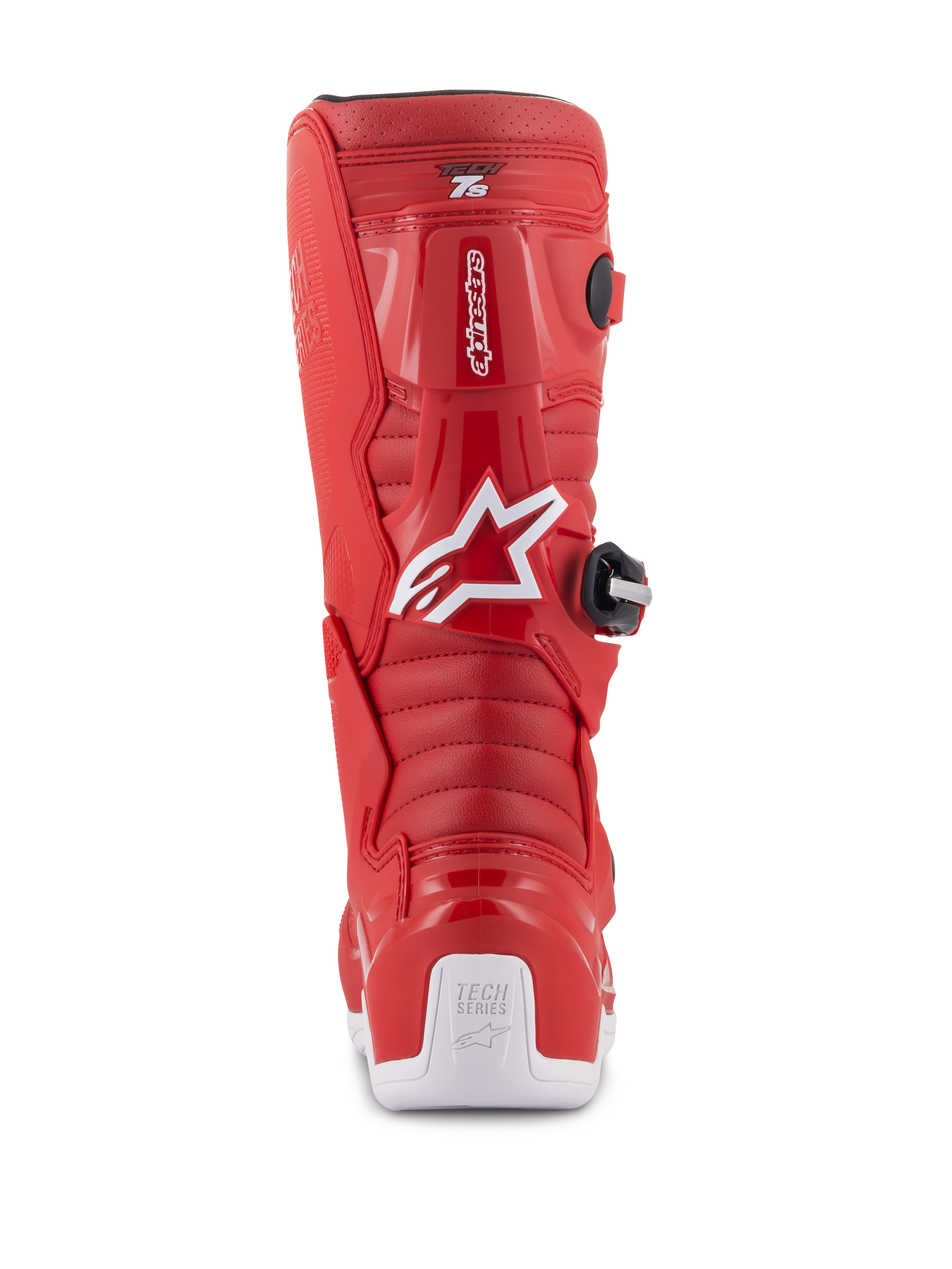 Alpinestars Youth Tech 7S Stiefel, rote Motocross-Stiefel, Rückansicht mit weißem Alpinestars-Logo und Fersenschutz, gerippte Flexzonen, schützende TPU-Konstruktion für den Jugend-Offroad-Rennsport