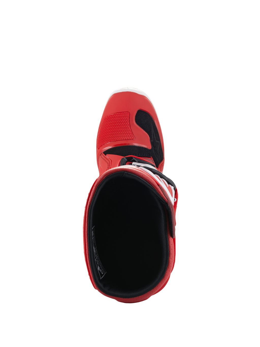 Alpinestars Youth Tech 7S Stiefel, Motocross-Stiefel, Rot, Draufsicht mit Fokus auf das Innenfutter und die Öffnung, rote Außenschale mit schwarzen und weißen Akzenten, entwickelt für junge Offroad-Fahrer