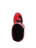 Alpinestars Youth Tech 7S Stiefel, Motocross-Stiefel, Rot, Draufsicht mit Fokus auf das Innenfutter und die Öffnung, rote Außenschale mit schwarzen und weißen Akzenten, entwickelt für junge Offroad-Fahrer