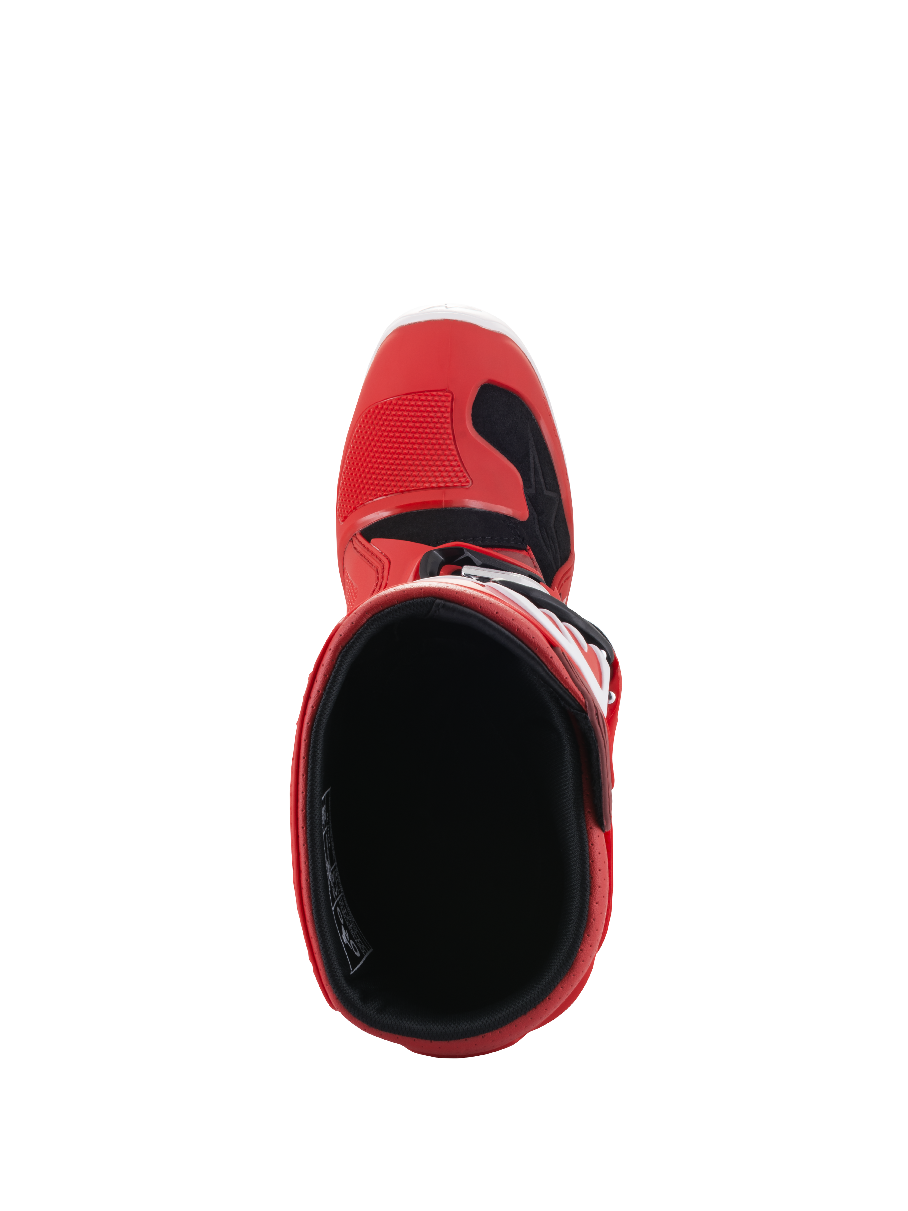 Alpinestars Youth Tech 7S Stiefel, Motocross-Stiefel, Rot, Draufsicht mit Fokus auf das Innenfutter und die Öffnung, rote Außenschale mit schwarzen und weißen Akzenten, entwickelt für junge Offroad-Fahrer