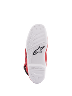 Alpinestars Youth Tech 7S Stiefel, Sohlenansicht, weiße Verbundsohle mit schwarzem Stern-Logo, griffiges Gummiprofil für überlegene Haltbarkeit und Gefühl, geprägtes Alpinestars-Branding an der Ferse