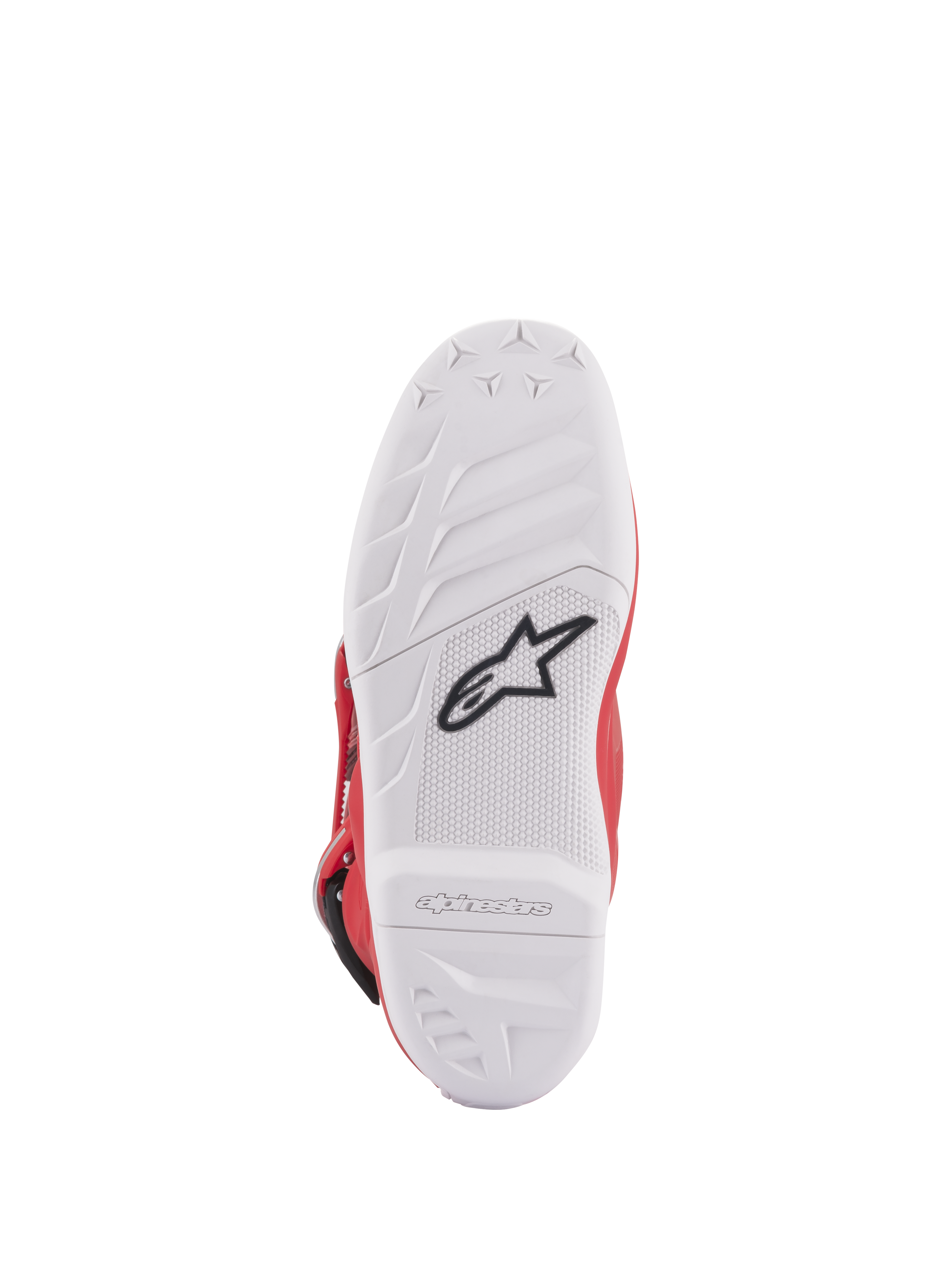 Alpinestars Youth Tech 7S Stiefel, Sohlenansicht, weiße Verbundsohle mit schwarzem Stern-Logo, griffiges Gummiprofil für überlegene Haltbarkeit und Gefühl, geprägtes Alpinestars-Branding an der Ferse