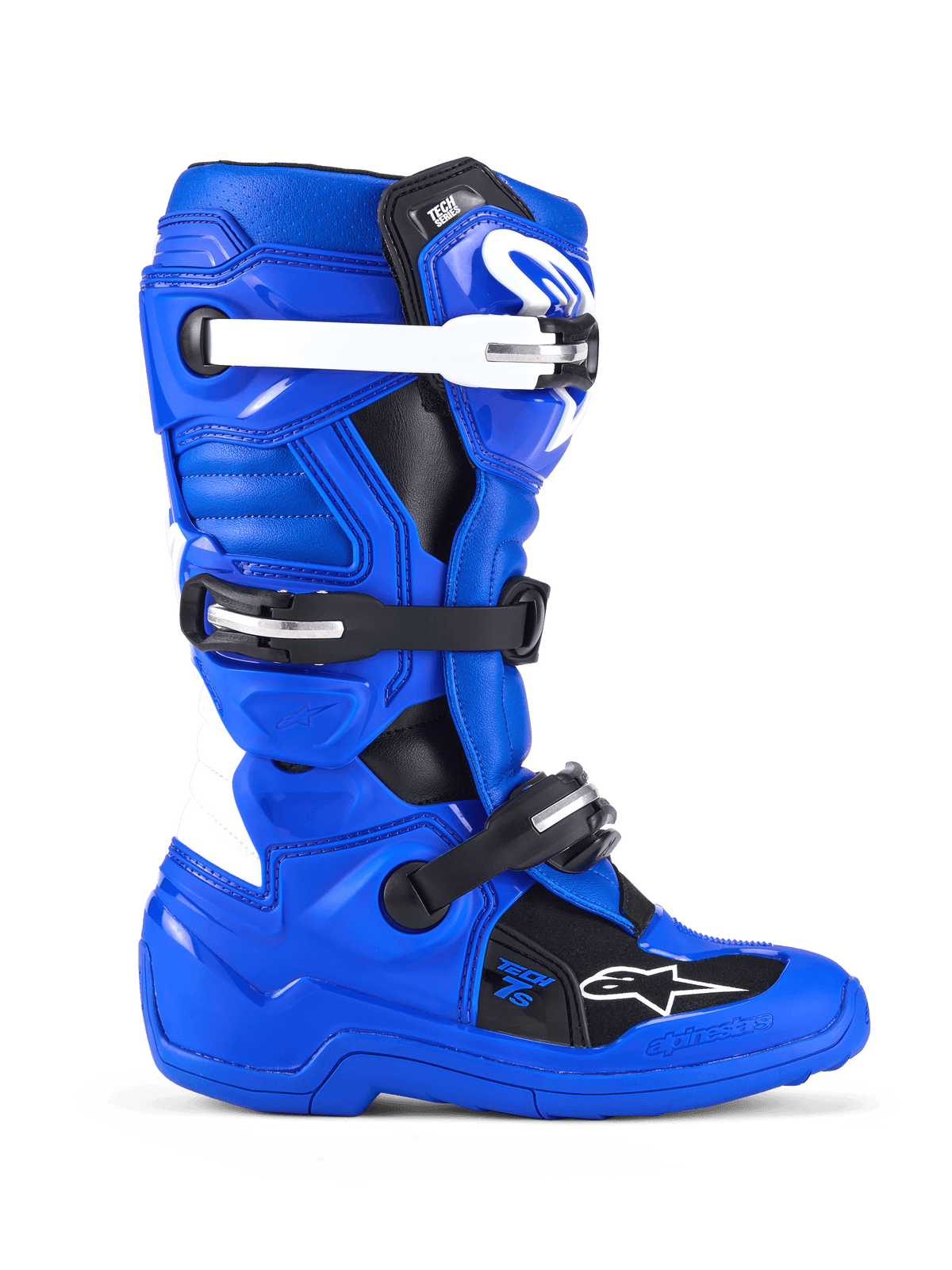 Alpinestars Youth Tech 7 S Stiefel, Motocross-Stiefel, Blau, Schwarz und Weiß, Seitenansicht mit PU-verstärktem Mikrofaser-Obermaterial, Vier-Schnallen-Verschlusssystem mit weißen und schwarzen Riemen, TPU-Schienbeinplatte und Alpinestars-Logo, schützende Offroad-Fußbekleidung für junge Fahrer