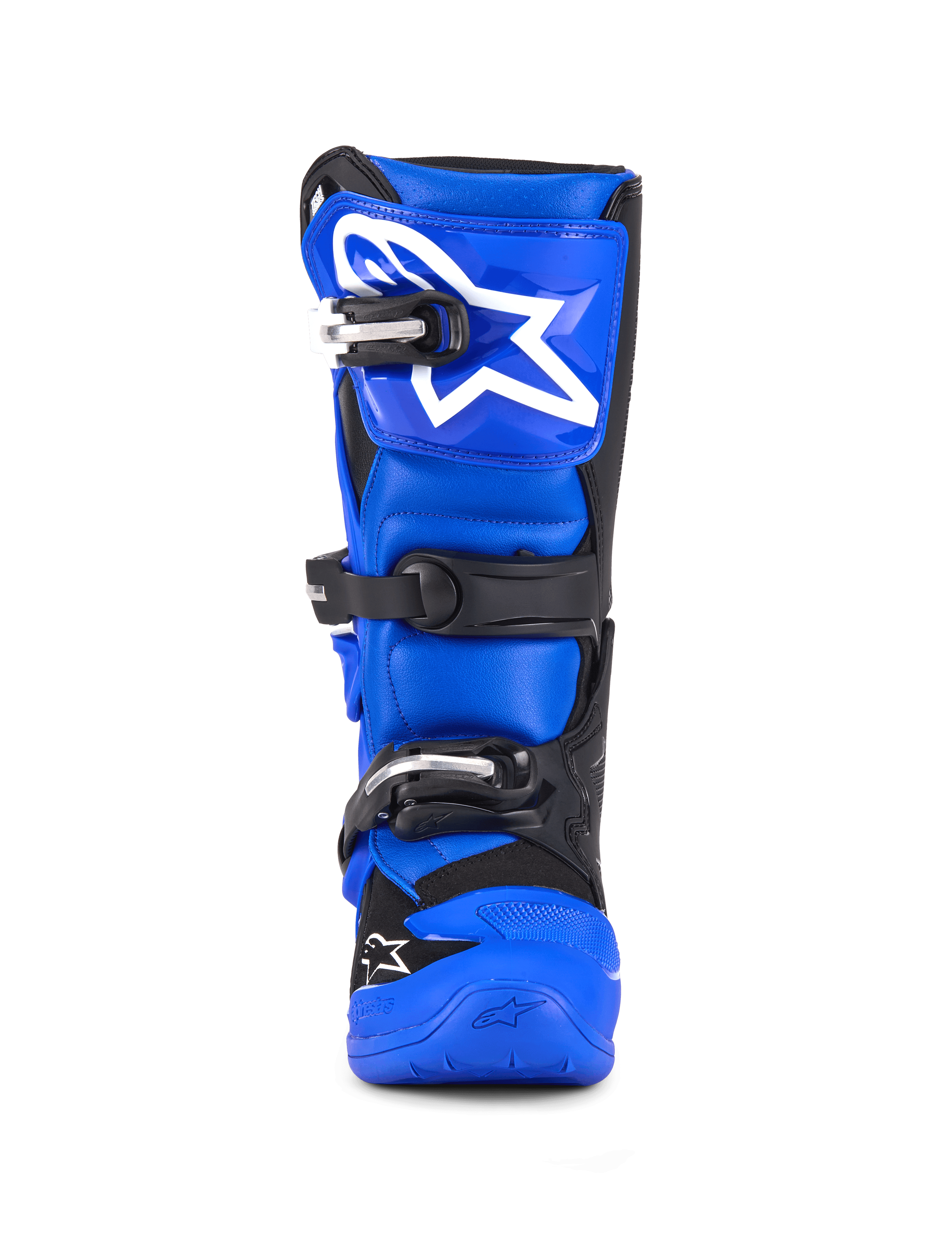 Alpinestars Youth Tech 7 S Boots, Motocross Boots, Blue Black and White, front view featuring triple buckle closure, large white Alpinestars logo on the shin plate, durable blue sole, high-performance protective gear for young riders
