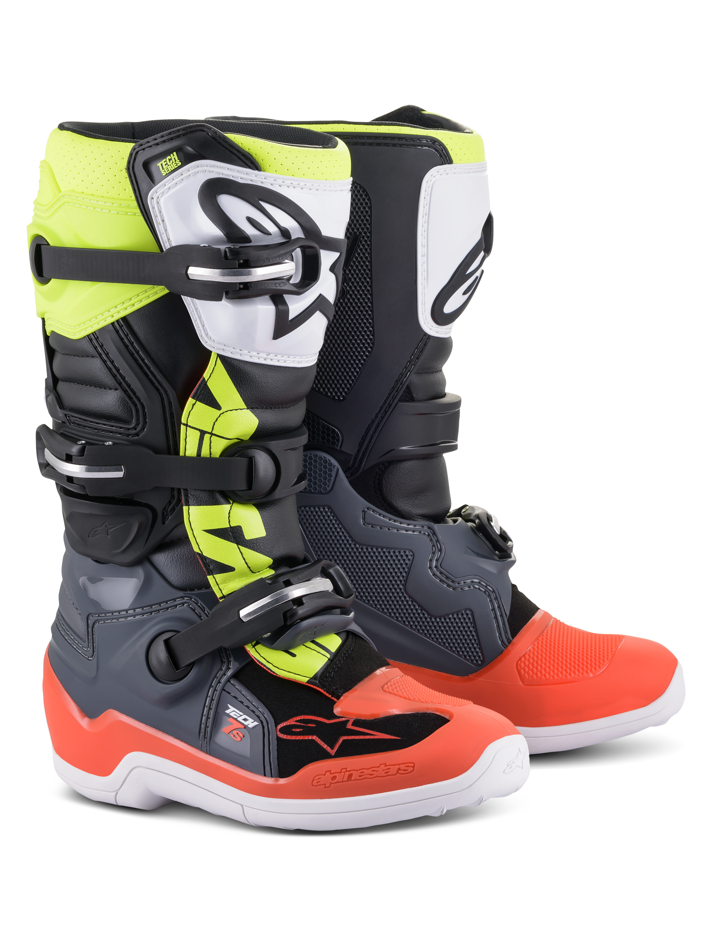 Alpinestars Youth Tech 7S Stiefel, Motocross-Stiefel, Dunkelgrau mit roten und neongelben Akzenten, weiße TPU-Schienbeinplatte mit schwarzem Logo, Dreifach-Schnallen-Verschlusssystem, strapazierfähige weiße Sohle, für junge Offroad-Fahrer entwickelt