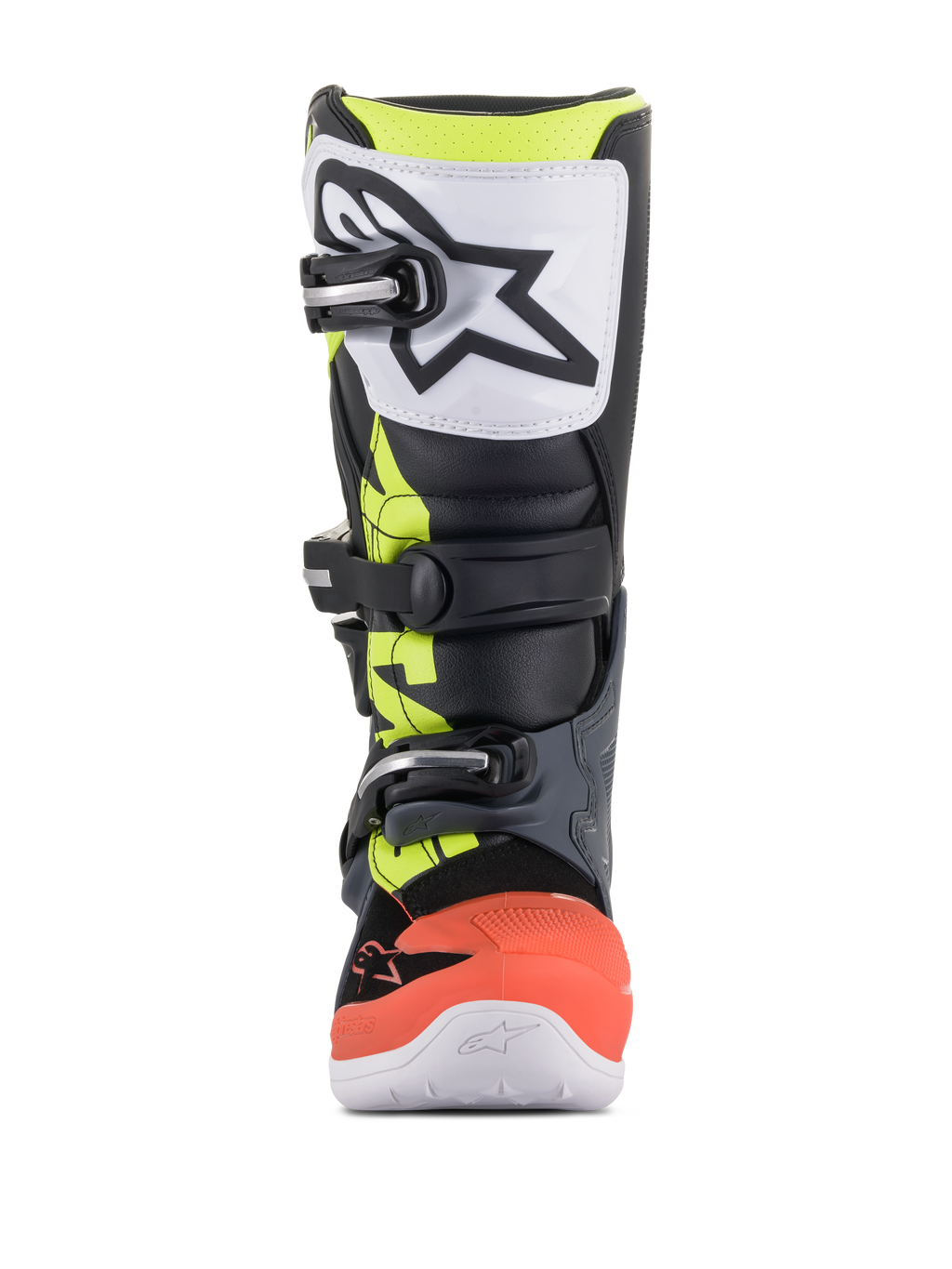 Alpinestars Youth Tech 7S Stiefel, Motocross-Stiefel, Dunkelgrau, Leuchtrot und Gelb mit weißen Akzenten, Vorderansicht mit weißer TPU-Schienbeinplatte und schwarzem Logo, Dreifach-Schnallen-Verschlusssystem und strapazierfähiger Synthetikkonstruktion für junge Offroad-Fahrer