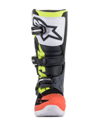 Alpinestars Youth Tech 7S Stiefel, Motocross-Stiefel, Dunkelgrau, Leuchtrot und Gelb mit weißen Akzenten, Vorderansicht mit weißer TPU-Schienbeinplatte und schwarzem Logo, Dreifach-Schnallen-Verschlusssystem und strapazierfähiger Synthetikkonstruktion für junge Offroad-Fahrer