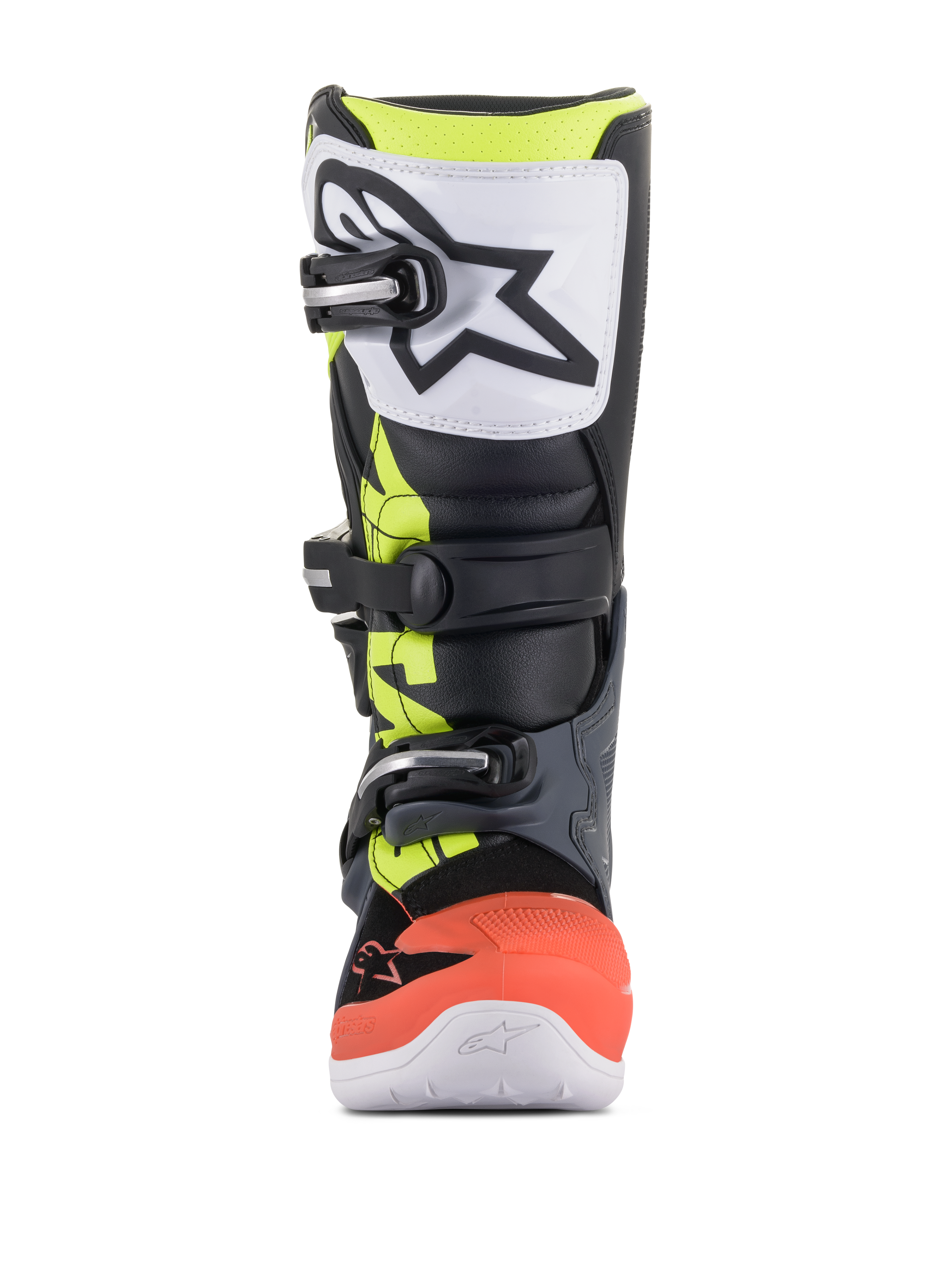 Alpinestars Youth Tech 7S Stiefel, Motocross-Stiefel, Dunkelgrau, Leuchtrot und Gelb mit weißen Akzenten, Vorderansicht mit weißer TPU-Schienbeinplatte und schwarzem Logo, Dreifach-Schnallen-Verschlusssystem und strapazierfähiger Synthetikkonstruktion für junge Offroad-Fahrer