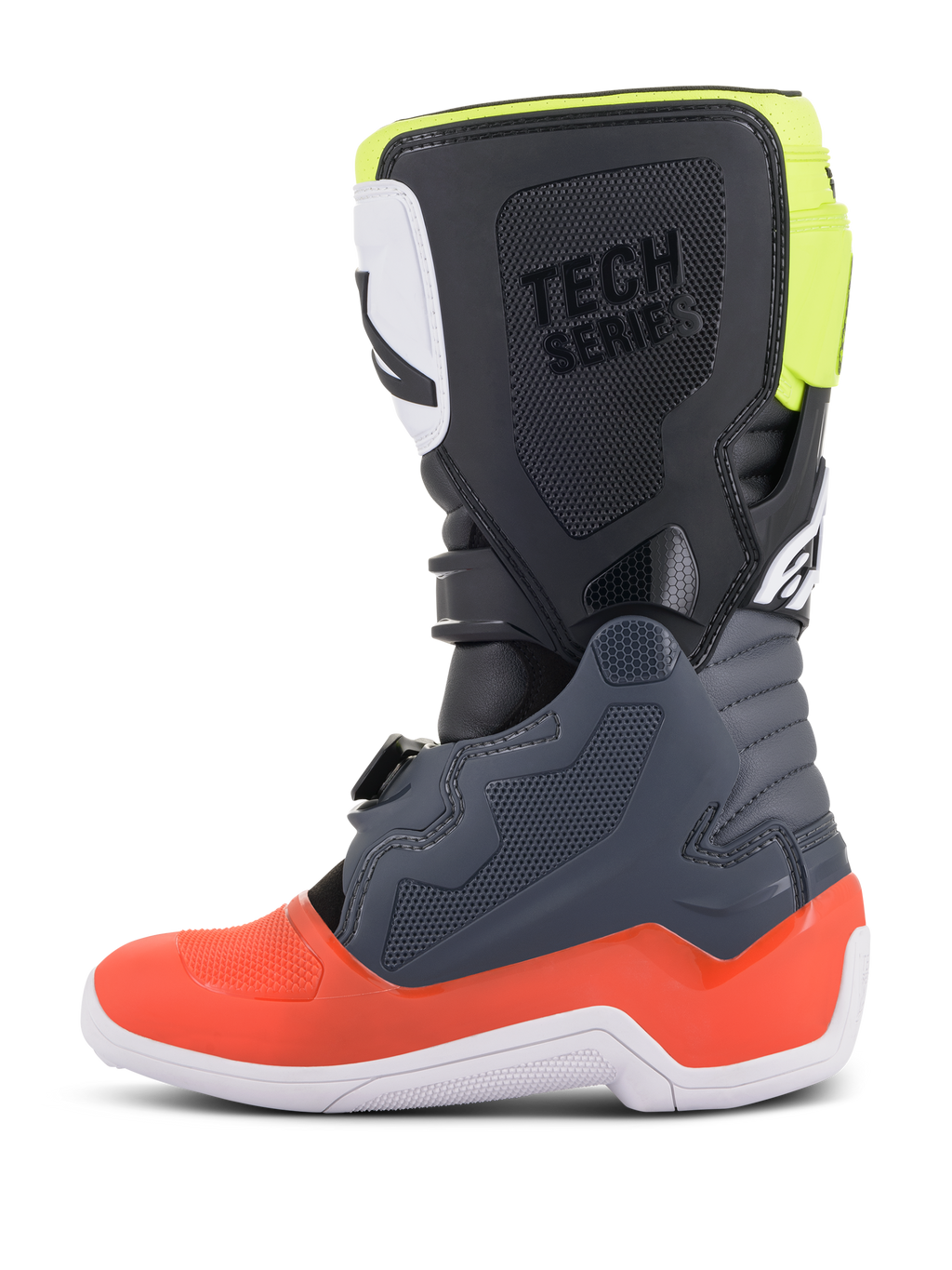 Alpinestars Youth Tech 7S Stiefel, Motocross-Stiefel, Dunkelgrau mit roten und fluoreszierend gelben Akzenten, Seitenansicht, weiße Sohle, 'TECH SERIES'-Branding und langlebige TPU-Schutzpaneele.