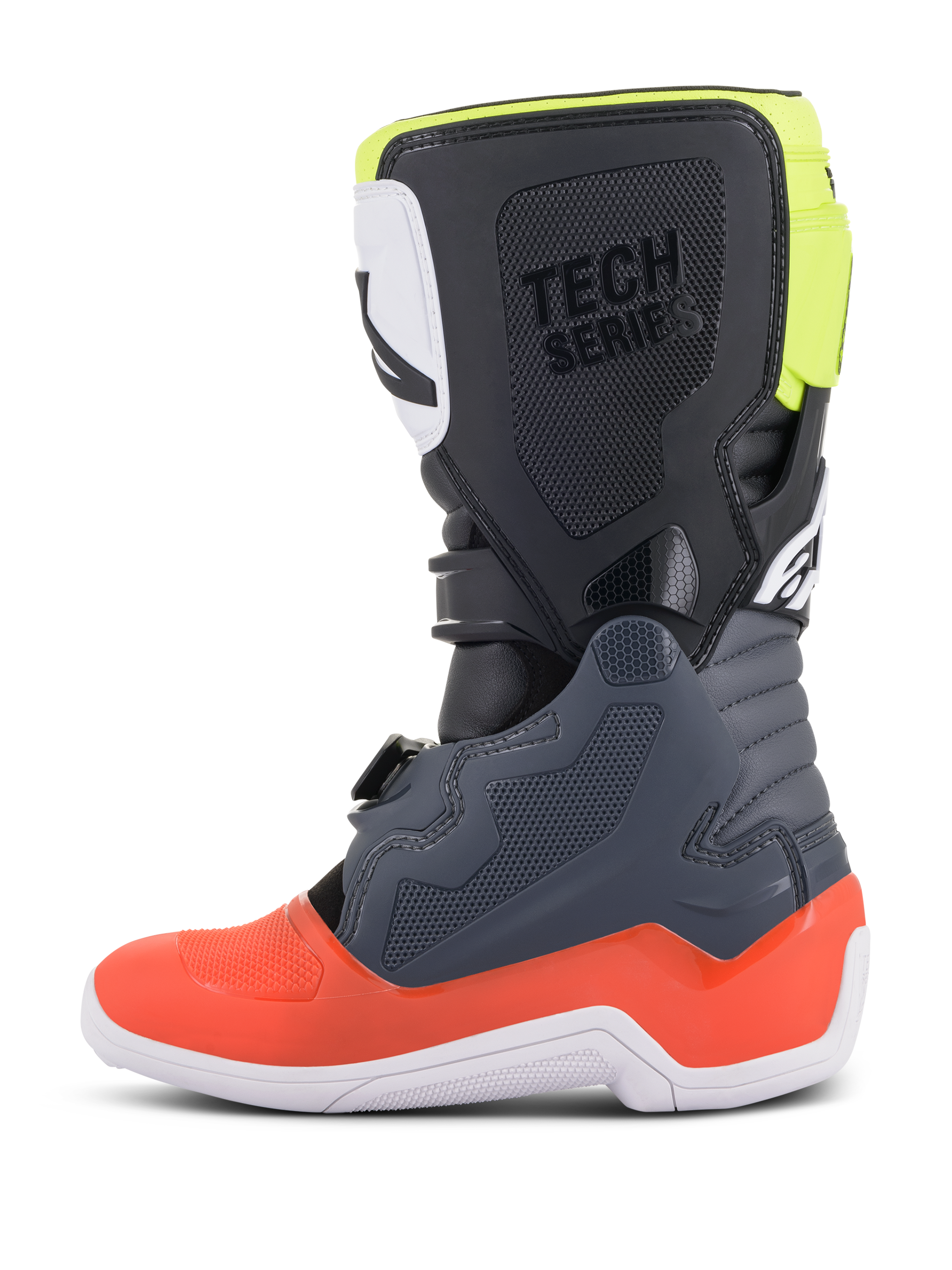 Alpinestars Youth Tech 7S Stiefel, Motocross-Stiefel, Dunkelgrau mit roten und fluoreszierend gelben Akzenten, Seitenansicht, weiße Sohle, 'TECH SERIES'-Branding und langlebige TPU-Schutzpaneele.