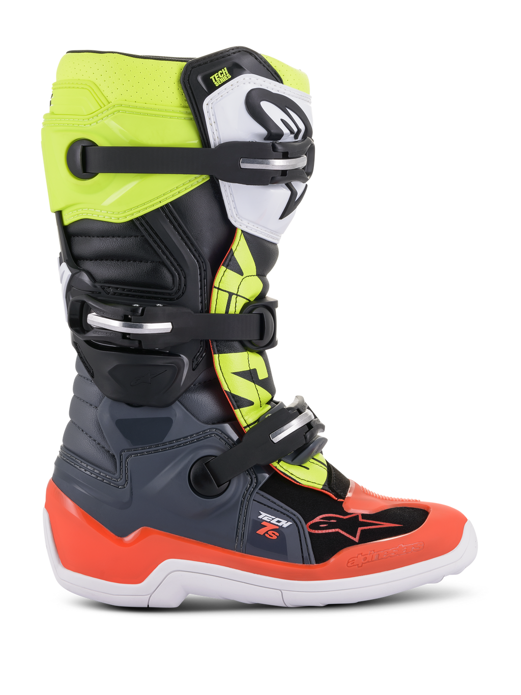 Alpinestars Youth Tech 7S Stiefel, Motocross-Offroad-Stiefel, Dunkelgrau, Leuchtrot und Leuchtgelb, mit weißer Sohle und mehreren Schnallenverschlüssen, robuste Konstruktion für junge Fahrer