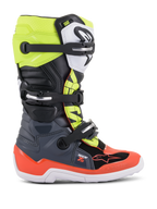 Alpinestars Youth Tech 7S Stiefel, Motocross-Offroad-Stiefel, Dunkelgrau, Leuchtrot und Leuchtgelb, mit weißer Sohle und mehreren Schnallenverschlüssen, robuste Konstruktion für junge Fahrer