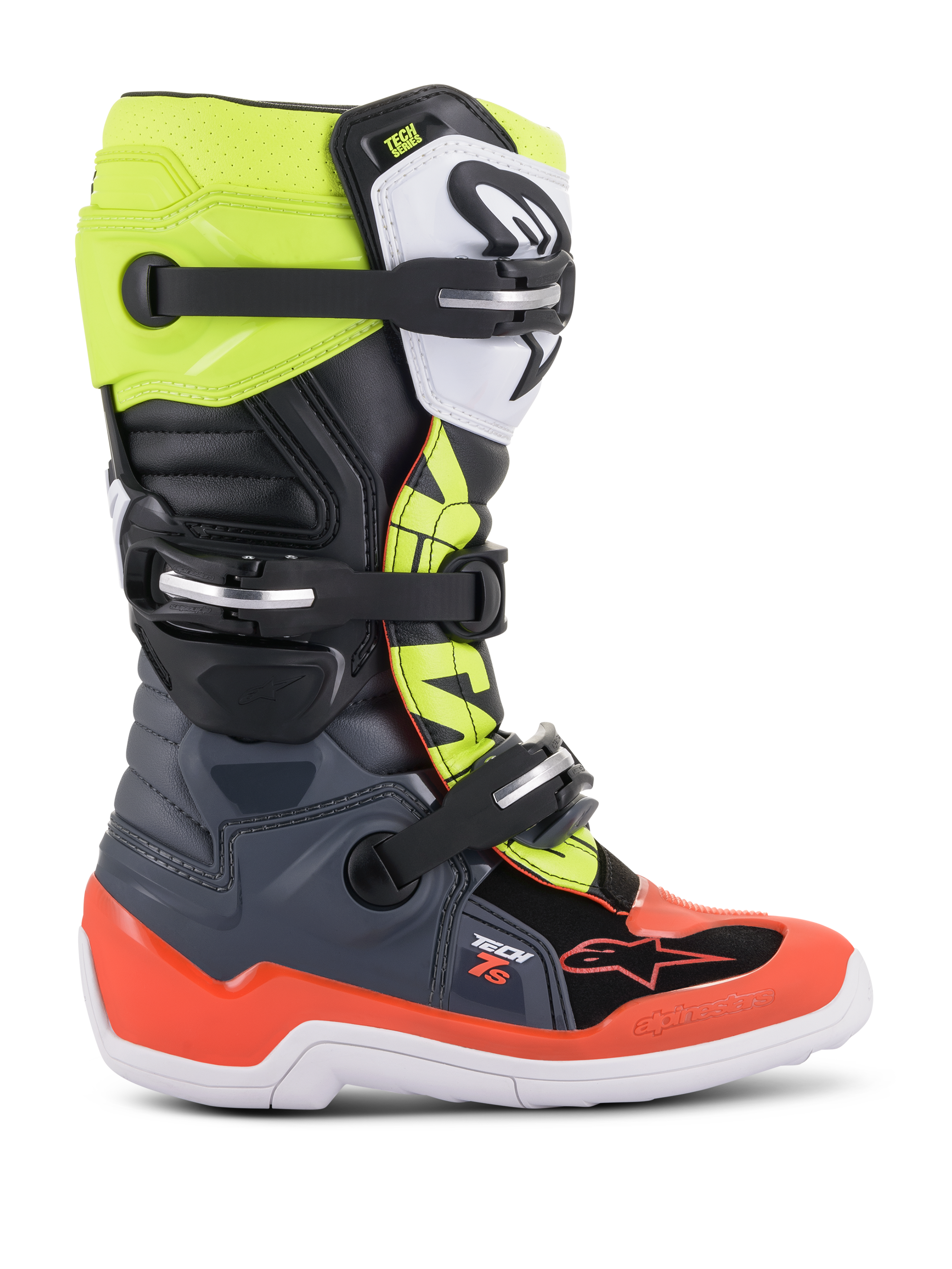 Alpinestars Youth Tech 7S Stiefel, Motocross-Offroad-Stiefel, Dunkelgrau, Leuchtrot und Leuchtgelb, mit weißer Sohle und mehreren Schnallenverschlüssen, robuste Konstruktion für junge Fahrer