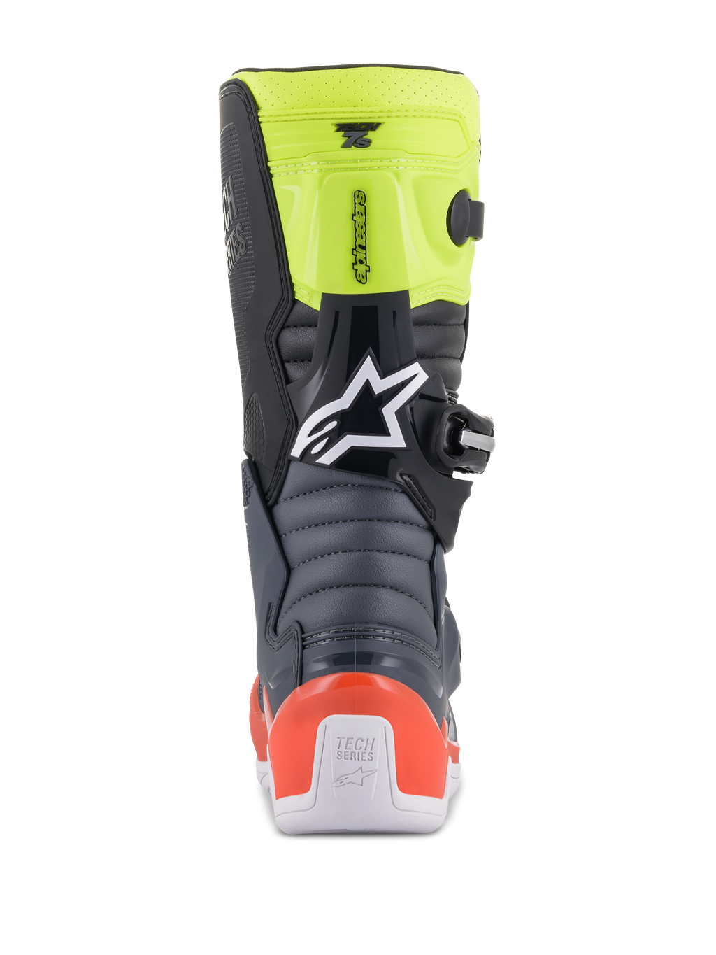 Alpinestars Youth Tech 7S Stiefel, Jugend-Motocross-Stiefel, Dunkelgrau, Fluoreszierendes Rot und Fluoreszierendes Gelb, Rückansicht mit Akkordeon-Flexzonen, rotem Fersenschutz und weißem Alpinestars-Logo