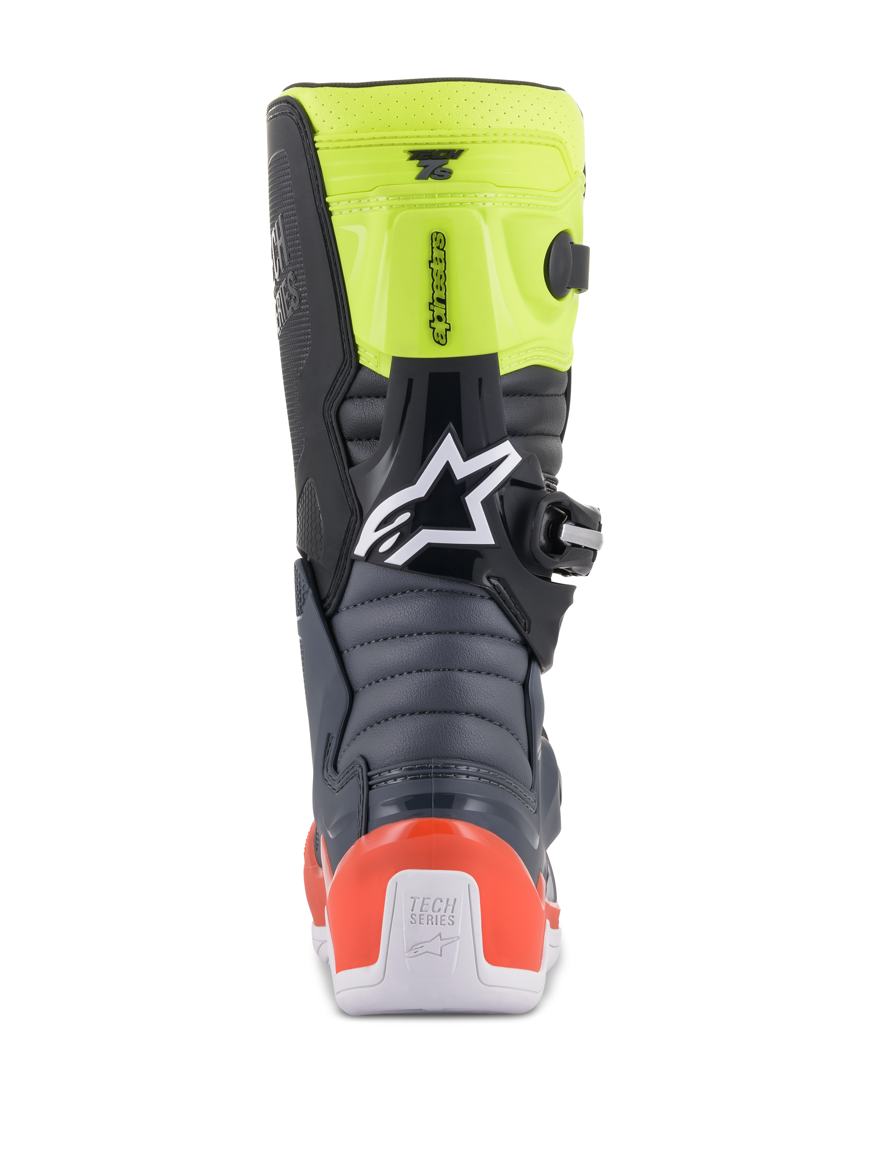 Alpinestars Youth Tech 7S Stiefel, Jugend-Motocross-Stiefel, Dunkelgrau, Fluoreszierendes Rot und Fluoreszierendes Gelb, Rückansicht mit Akkordeon-Flexzonen, rotem Fersenschutz und weißem Alpinestars-Logo