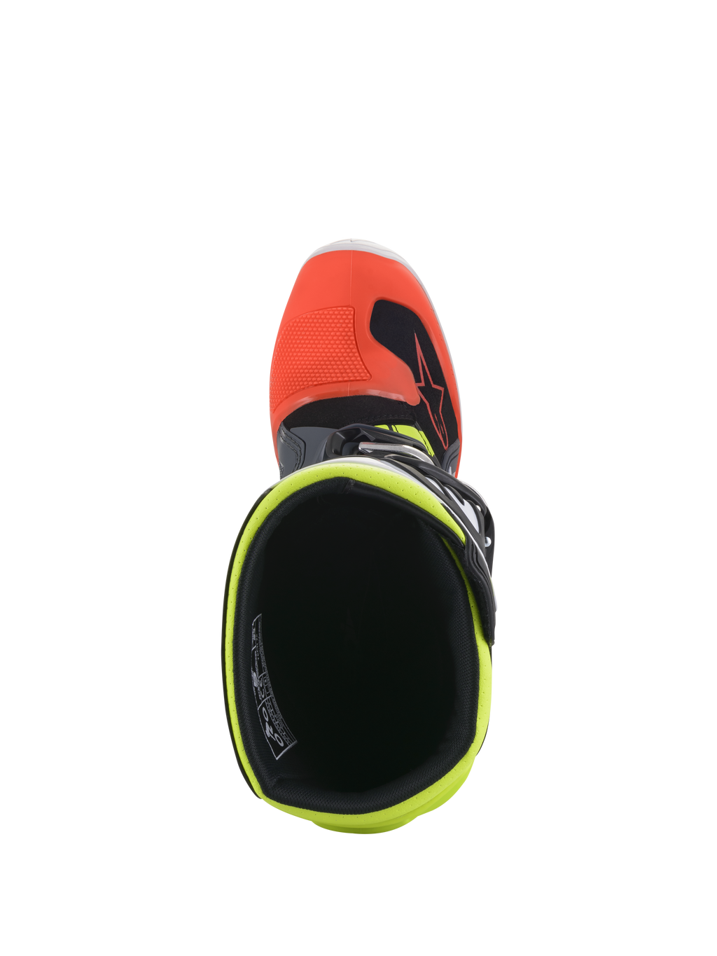 Alpinestars Youth Tech 7S Stiefel, Motocross-Stiefel, Dunkelgrau mit roten und fluoreszierenden gelben Akzenten, Ansicht von oben zeigt die Innenöffnung mit fluoreszierendem gelbem Futter und roter Zehenkappe, entwickelt für den Offroad-Rennsport von Jugendlichen.