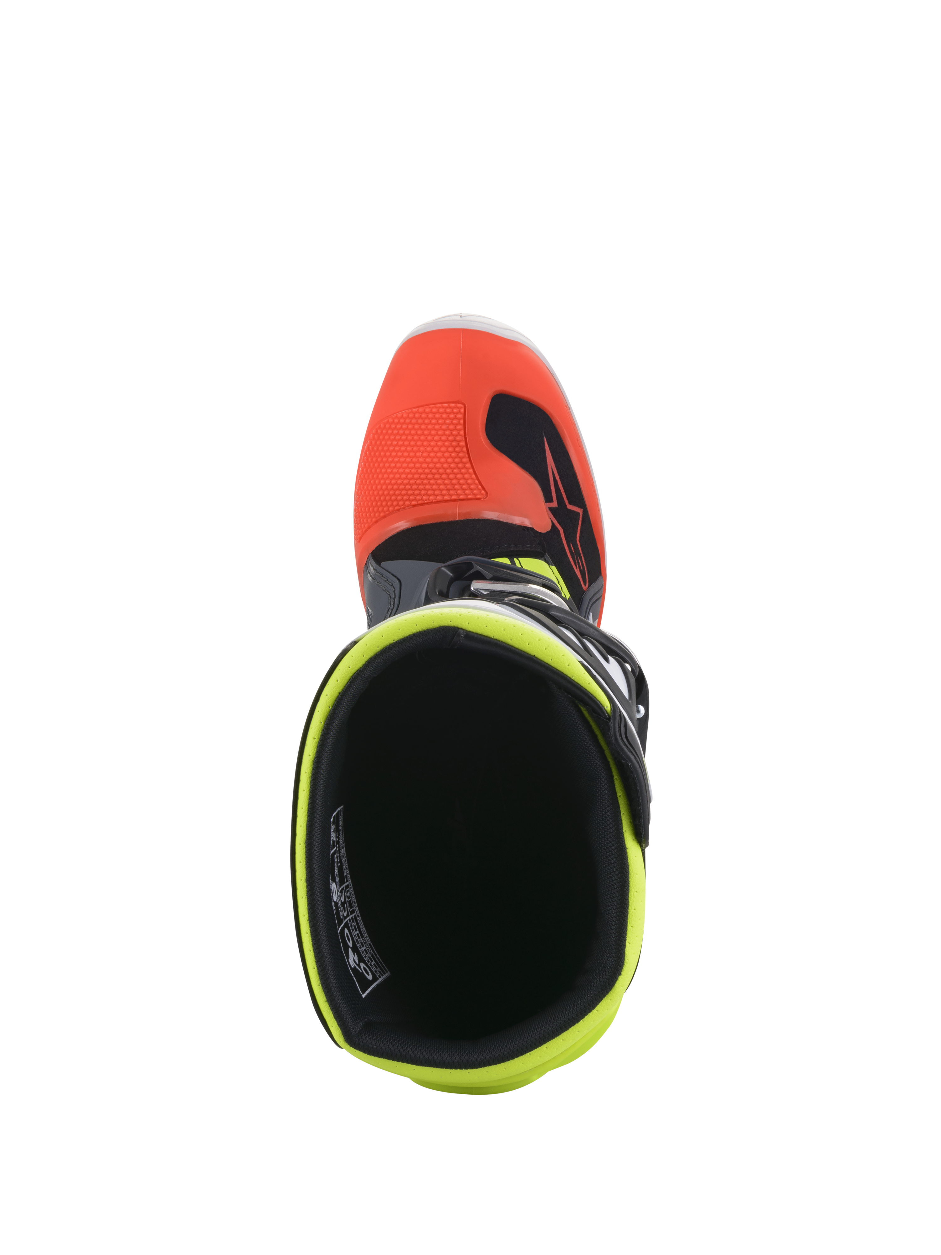 Alpinestars Youth Tech 7S Stiefel, Motocross-Stiefel, Dunkelgrau mit roten und fluoreszierenden gelben Akzenten, Ansicht von oben zeigt die Innenöffnung mit fluoreszierendem gelbem Futter und roter Zehenkappe, entwickelt für den Offroad-Rennsport von Jugendlichen.