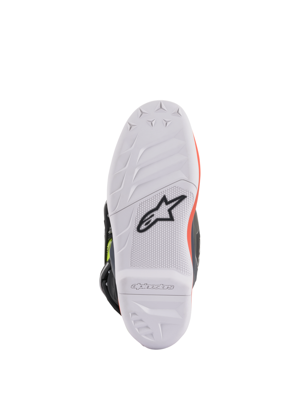Alpinestars Youth Tech 7S Stiefel, Motocross-Stiefel, Dunkelgrau, Leuchtrot und Leuchtgelb, Sohlenansicht mit weißer griffiger Gummisohle und schwarzem Astars-Logo, strapazierfähige Konstruktion für den Offroad-Einsatz