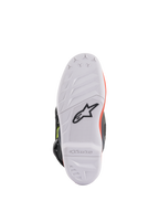Alpinestars Youth Tech 7S Stiefel, Motocross-Stiefel, Dunkelgrau, Leuchtrot und Leuchtgelb, Sohlenansicht mit weißer griffiger Gummisohle und schwarzem Astars-Logo, strapazierfähige Konstruktion für den Offroad-Einsatz