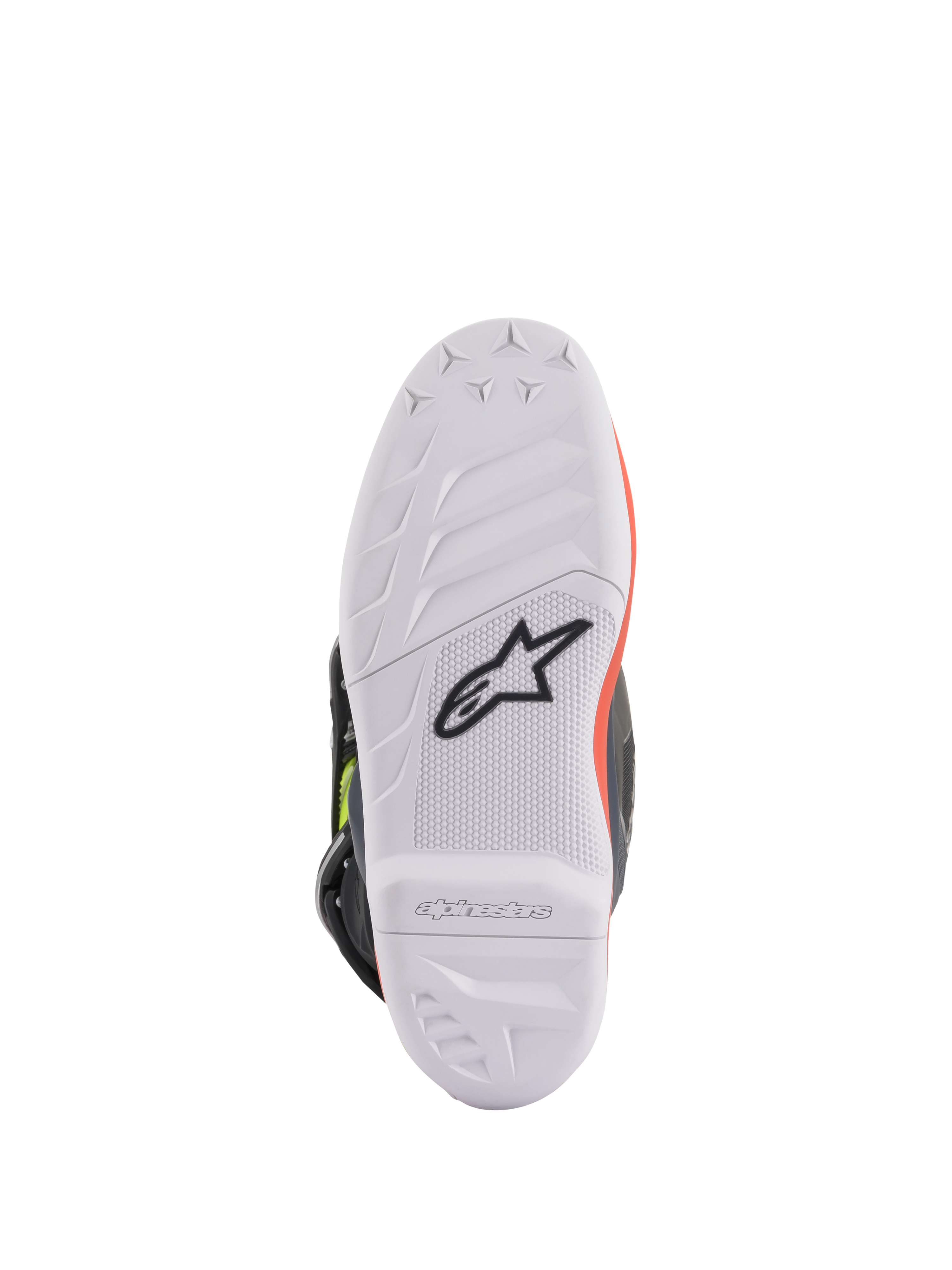 Alpinestars Youth Tech 7S Stiefel, Motocross-Stiefel, Dunkelgrau, Leuchtrot und Leuchtgelb, Sohlenansicht mit weißer griffiger Gummisohle und schwarzem Astars-Logo, strapazierfähige Konstruktion für den Offroad-Einsatz