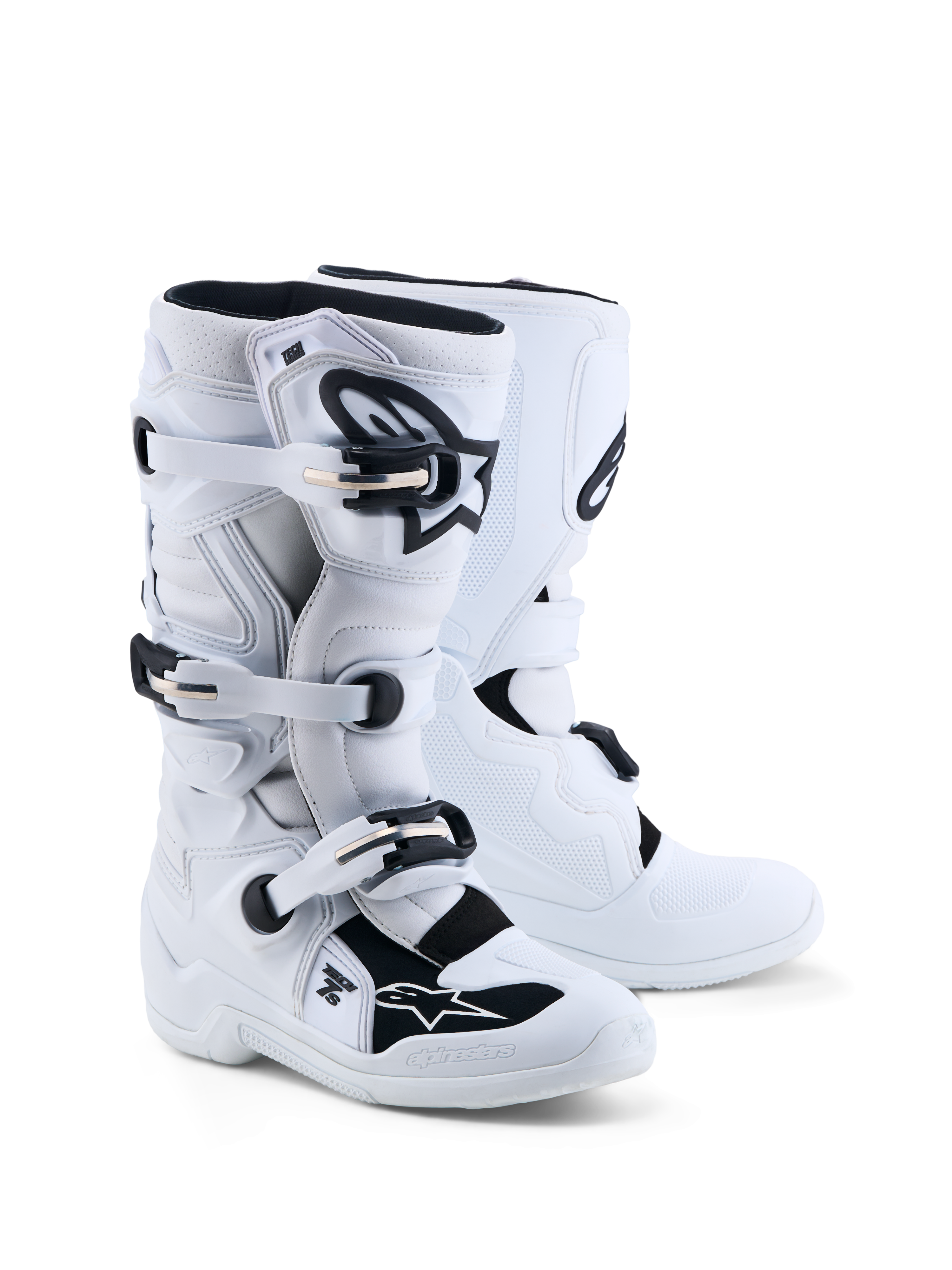 Alpinestars Youth Tech 7S Motocross Boots, White and Black junior racing gear with TPU protection and CE certification.