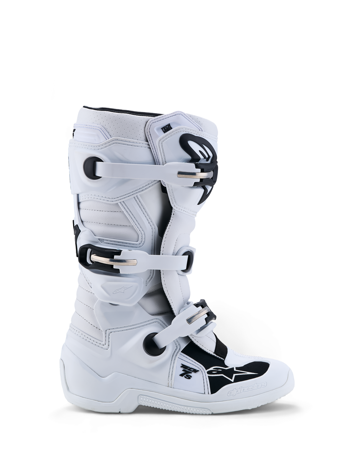 Alpinestars Tech 7S Jugend-Stiefel, Motocross-Stiefel für Kinder, Weiß und Schwarz, mit TPU-Schienbeinschutz und Schnallenverschlusssystem.