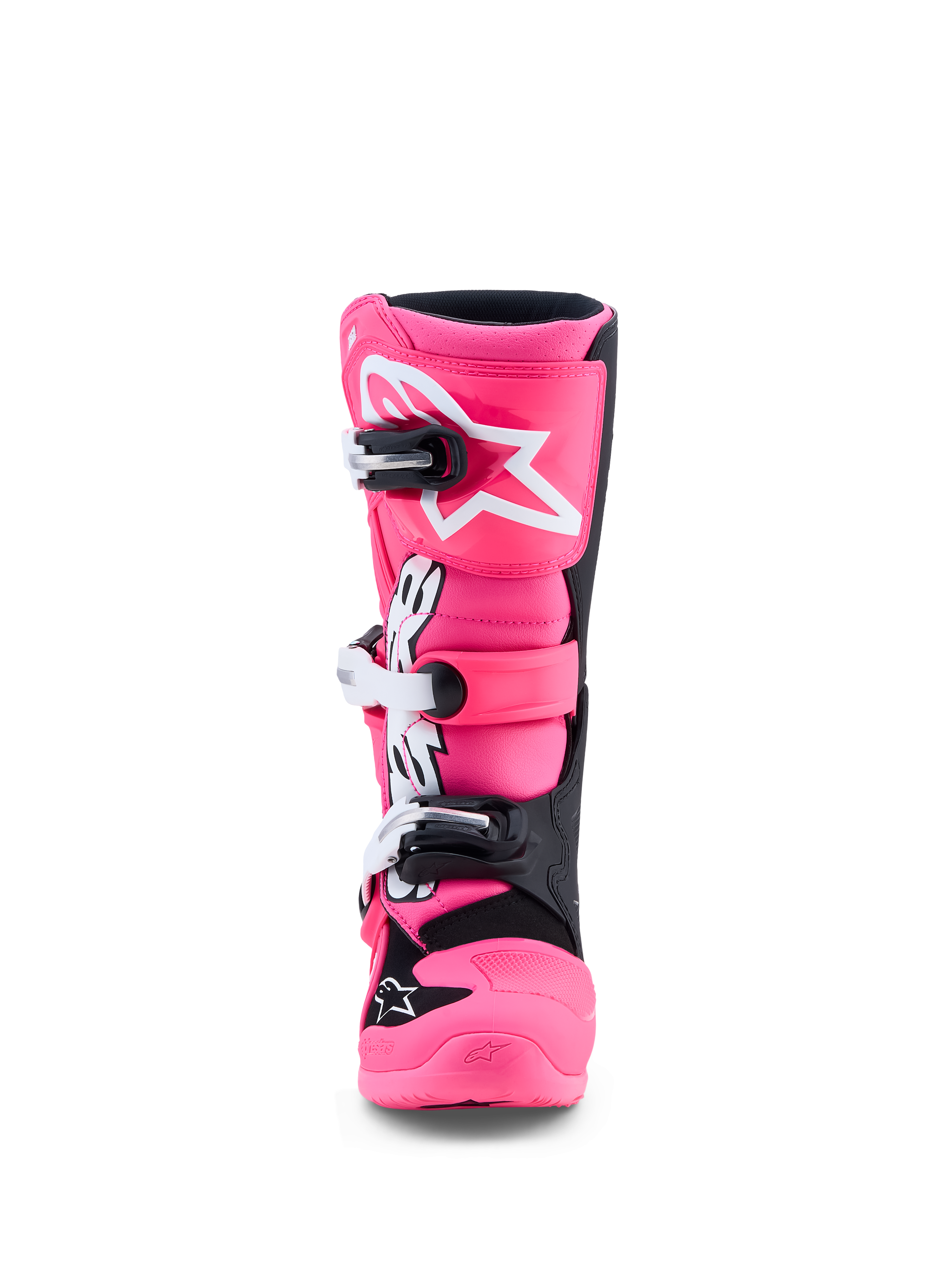 Alpinestars Youth Tech 7S Motocross Boots in Pink Fluo and Black, featuring TPU shin protection and quick-release buckles.