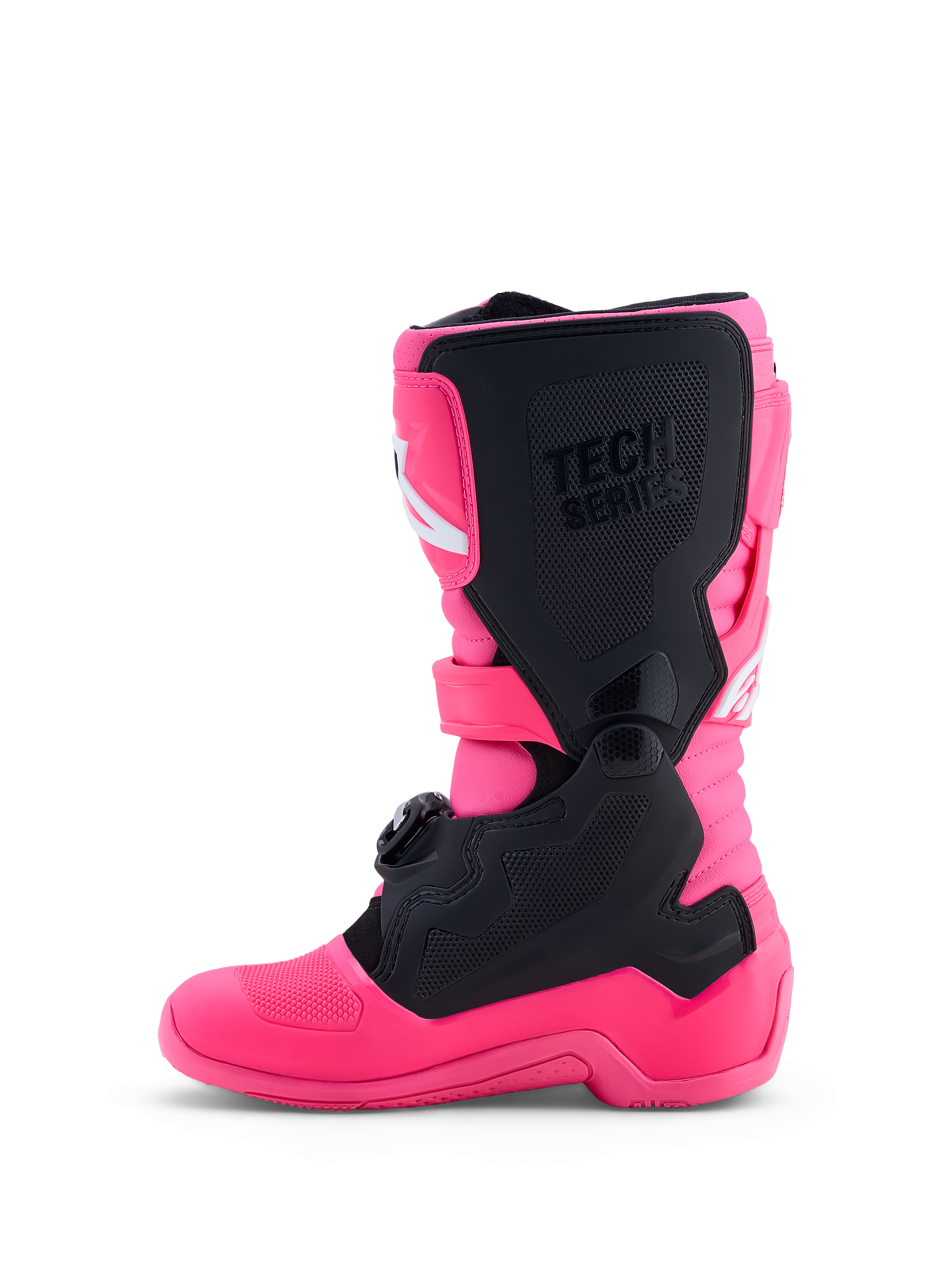 Alpinestars Youth Tech 7S Motocross Boots, Pink Fluo and Black, featuring TPU protection and a junior-specific fit.