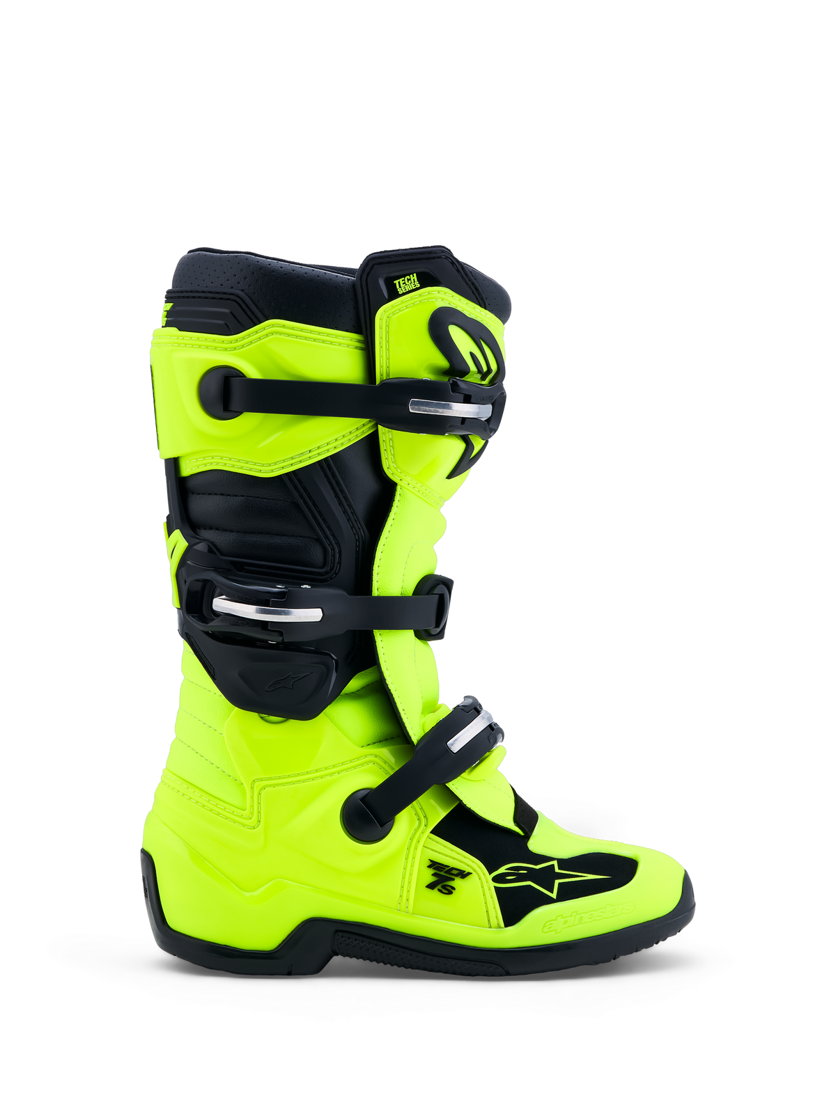 Alpinestars Tech 7S Jugend-Stiefel, Motocross, Fluorgelb und Schwarz, CE-zertifizierter TPU-Schutz, Schnallenverschlüsse.