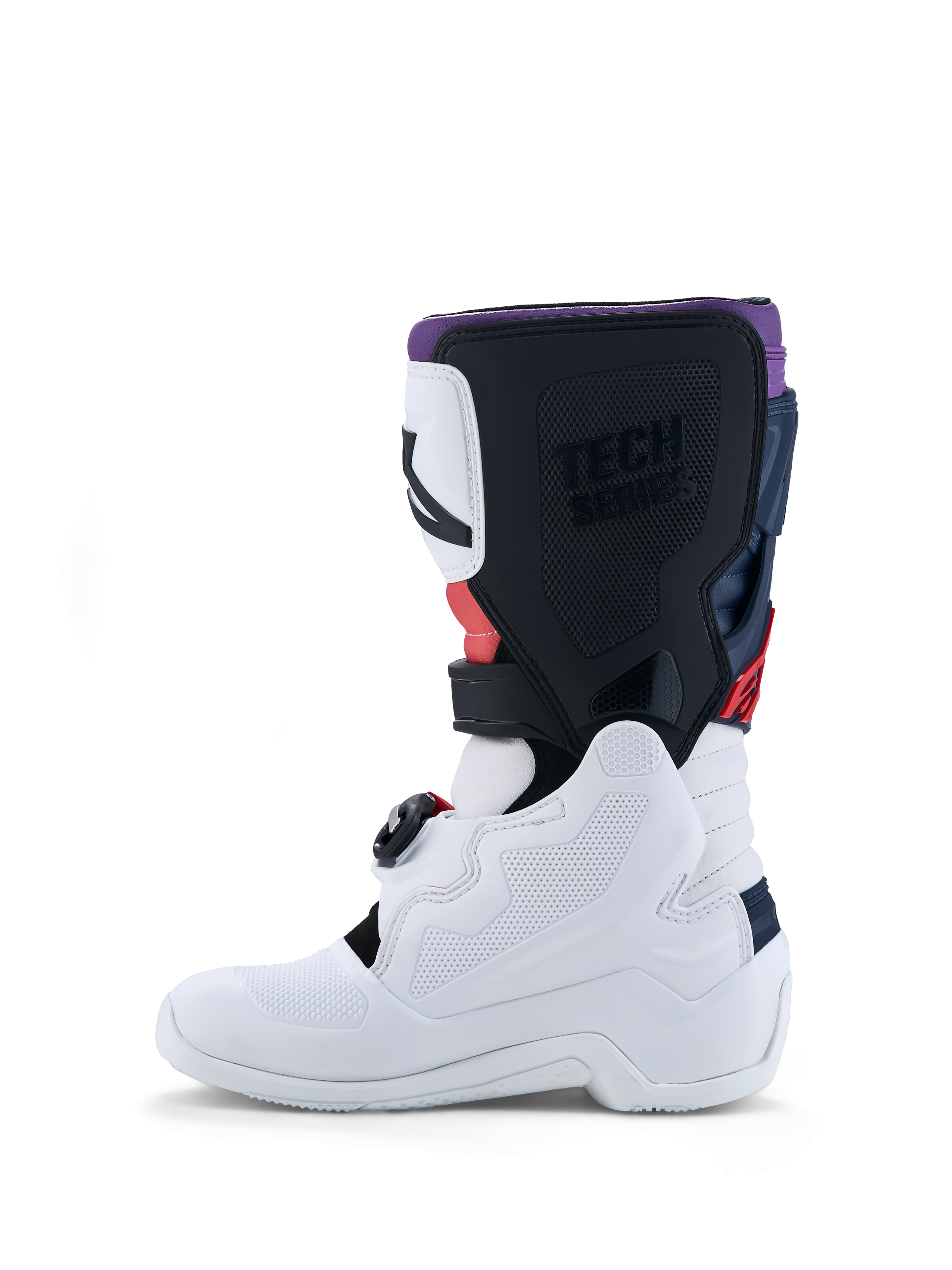 Alpinestars Youth Tech 7S Motocross Boots, white and black with red accents, durable TPU construction for junior riders.