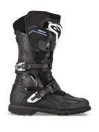 Alpinestars Toucan GORE-TEX Stiefel, Adventure-Touring-Motorradstiefel, Schwarz, Profilansicht mit zwei silbernen Aluminium-Schnallen, GORE-TEX-Branding, verstärkter Schienbeinschutz mit weißem Logo und robuster Profilsohle