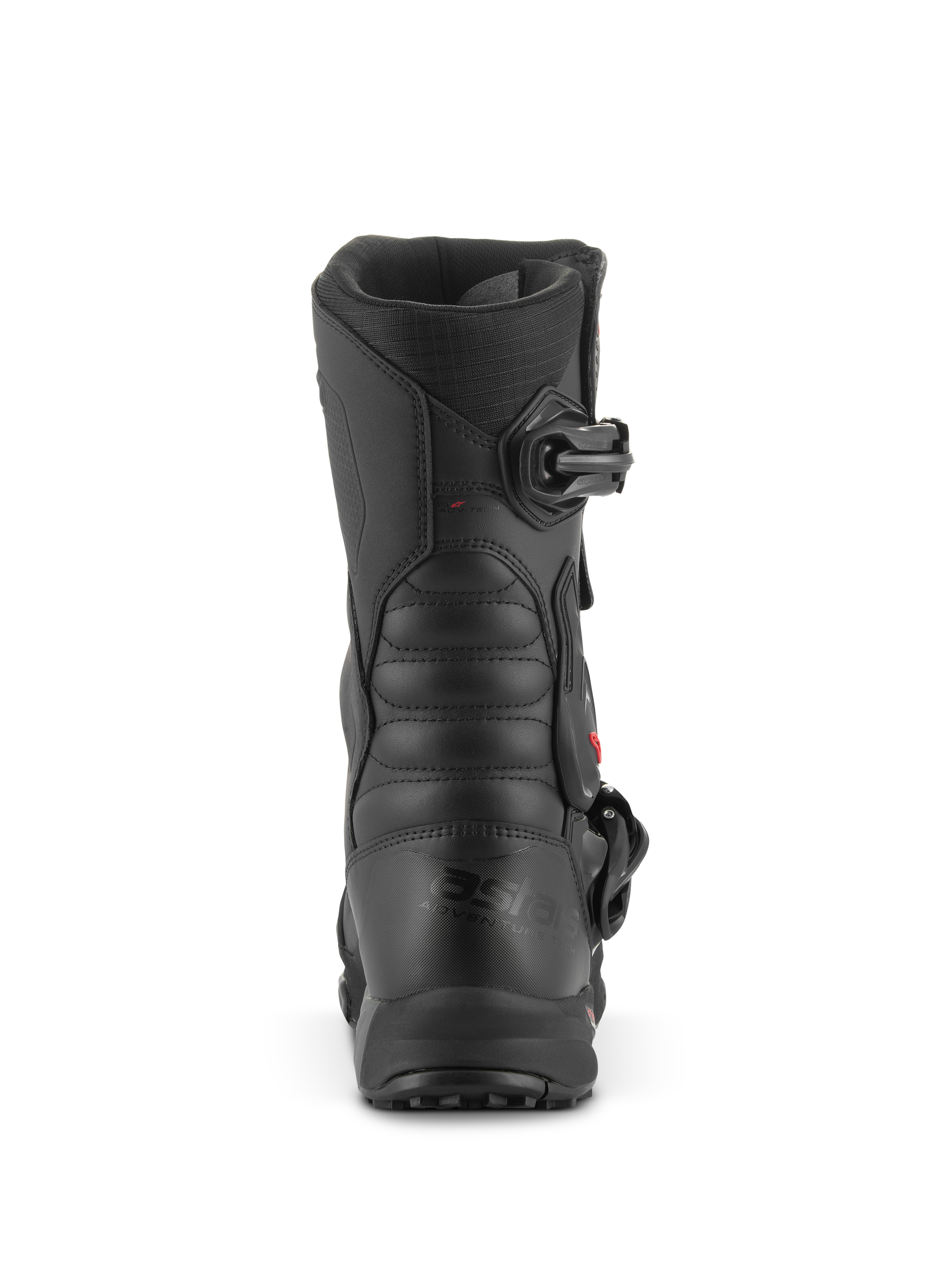 Alpinestars XT-8 GORE-TEX Boots, Adventure Enduro Motorcycle Boots, Black Black, Rear view highlighting the heel and shaft, featuring ribbed flex panels for movement and buckle closure, durable waterproof design