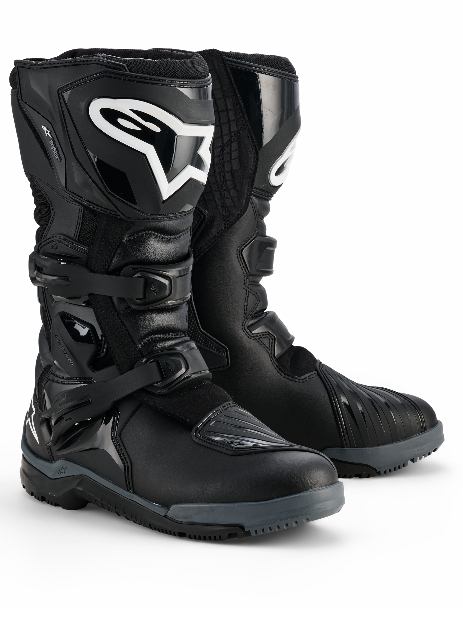 Alpinestars Corozal V2 Adventure Drystar® Stiefel, schwarze Motorradstiefel, hohes Adventure-Design mit Zwei-Schnallen-Verschlusssystem, weißes Alpinestars-Logo auf der Schienbeinplatte, robuste All-Terrain-Sohle für Offroad- und Touren-Performance