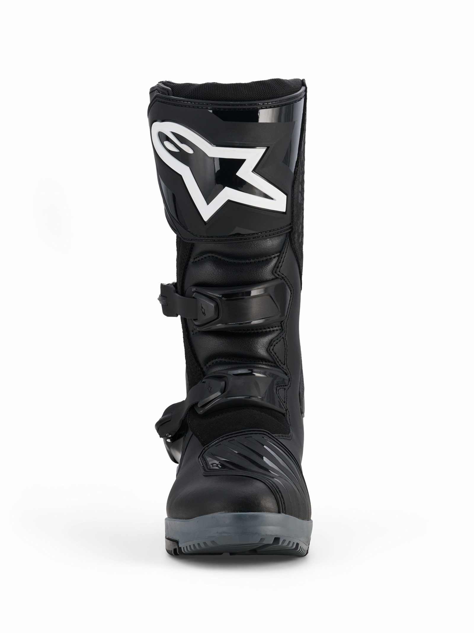 Alpinestars Corozal V2 Adventure Drystar® Stiefel, Schwarz, Vorderansicht mit großem weißem Alpinestars-Logo auf der Schienbeinplatte, dualem Schnallenverschlusssystem und robustem Schutzdesign für Adventure-Fahrten.