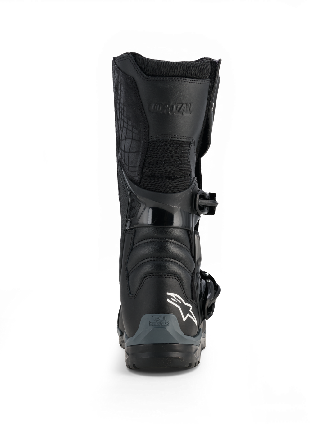 Alpinestars Corozal V2 Adventure Drystar® Stiefel, schwarze wasserdichte Motorrad-Adventurestiefel mit Schienbeinplatte, Schnallenverschluss und All-Terrain-Sohle, Vorderansicht
