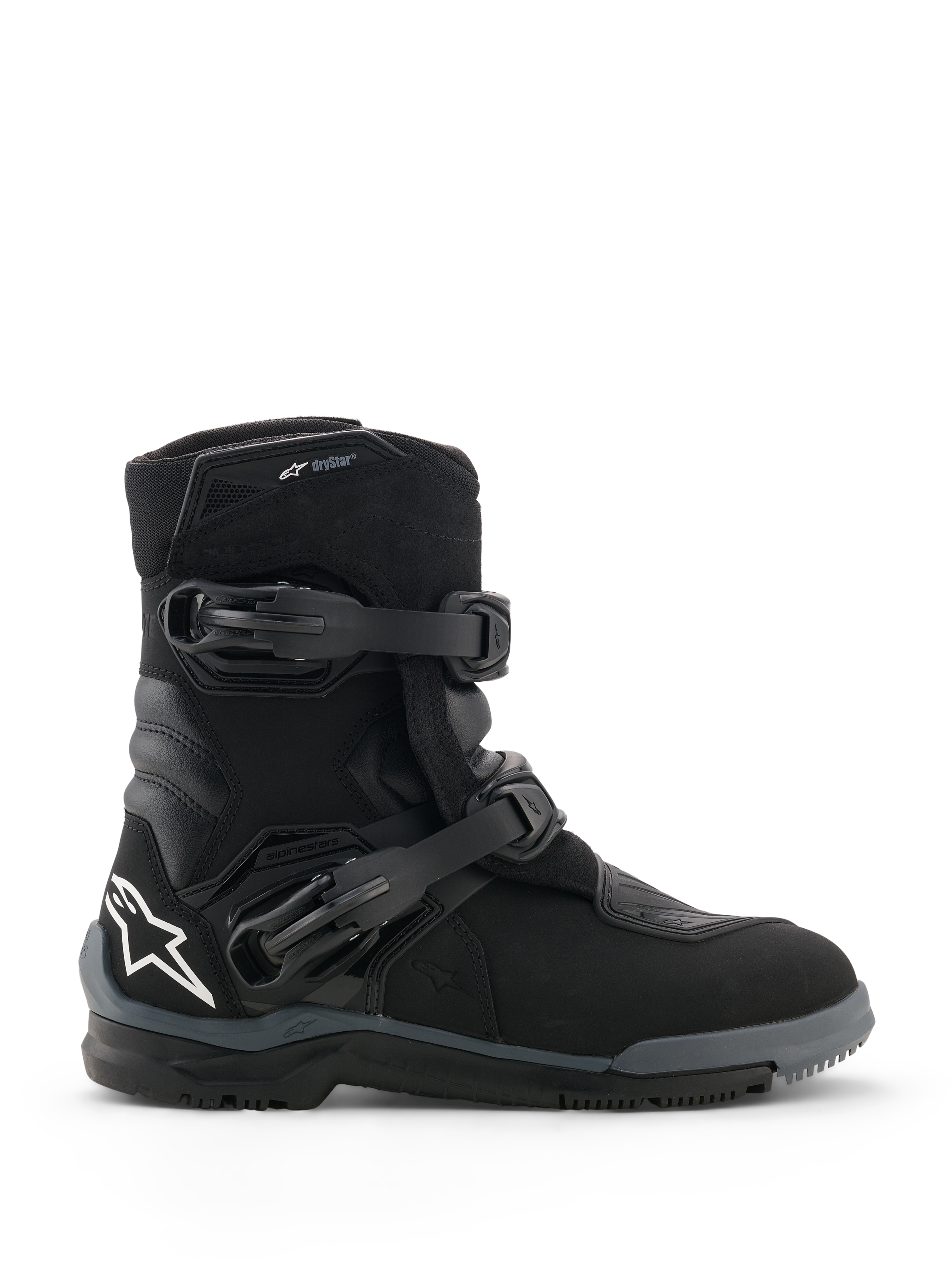 Alpinestars Belize V2 Drystar® Stiefel, Schwarze Motorradstiefel, Seitenansicht mit zwei verstellbaren Schnallenverschlüssen, weißes Alpinestars Stern-Logo an der Ferse, robuste Offroad-Sohle, wasserdichtes Design für Adventure-Fahrten