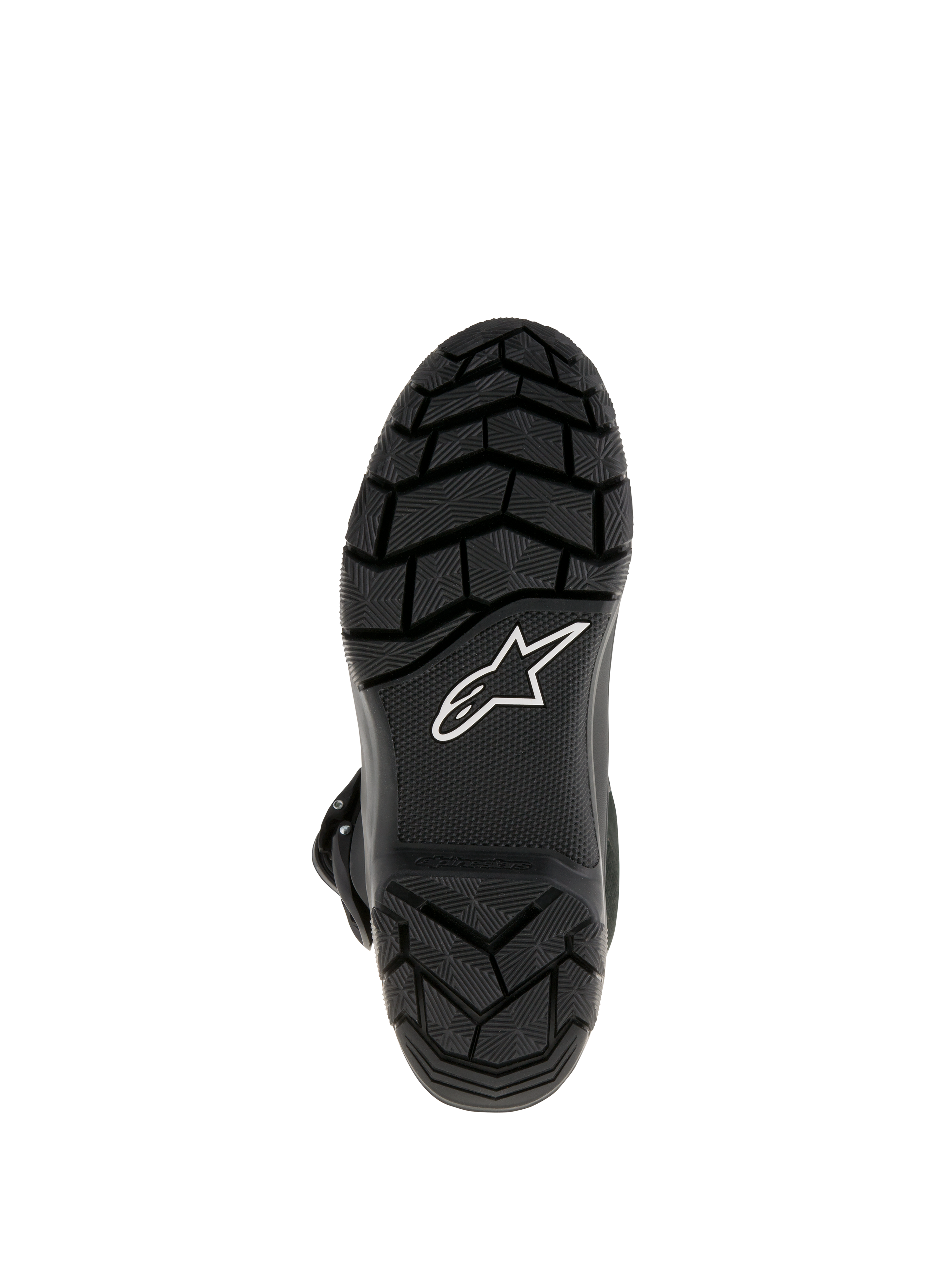 Alpinestars Belize Drystar® Boots, Adventure Touring Motorcycle Boots, bottom view showing black vulcanized rubber outsole with lugged tread pattern for superior grip and white Alpinestars star logo