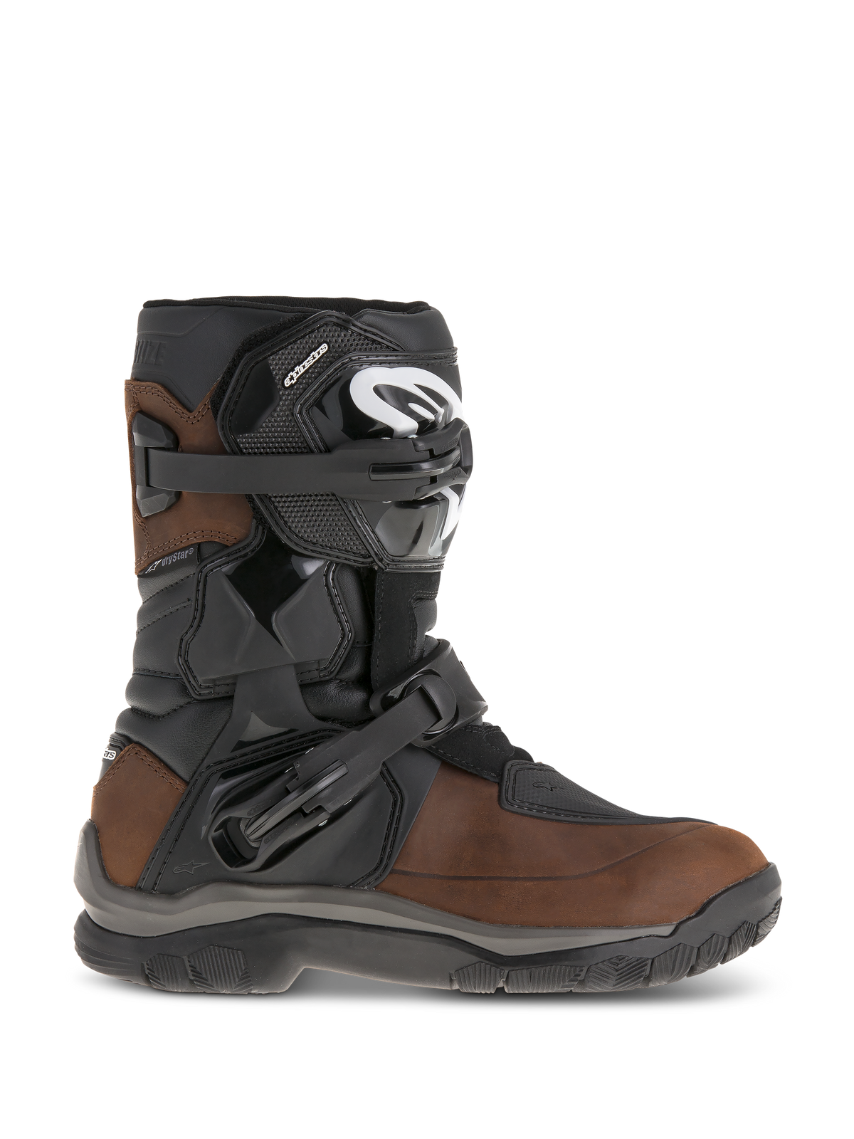 Alpinestars Belize Drystar Stiefel, halbhohe Adventure-Touring-Motorradstiefel, geöltes braunes und schwarzes Leder, mit seitlichem Flexi-Blade-Knöchelschutz, zwei verstellbaren Ratschenschnallen und einer strapazierfähigen, strukturierten Gummisohle