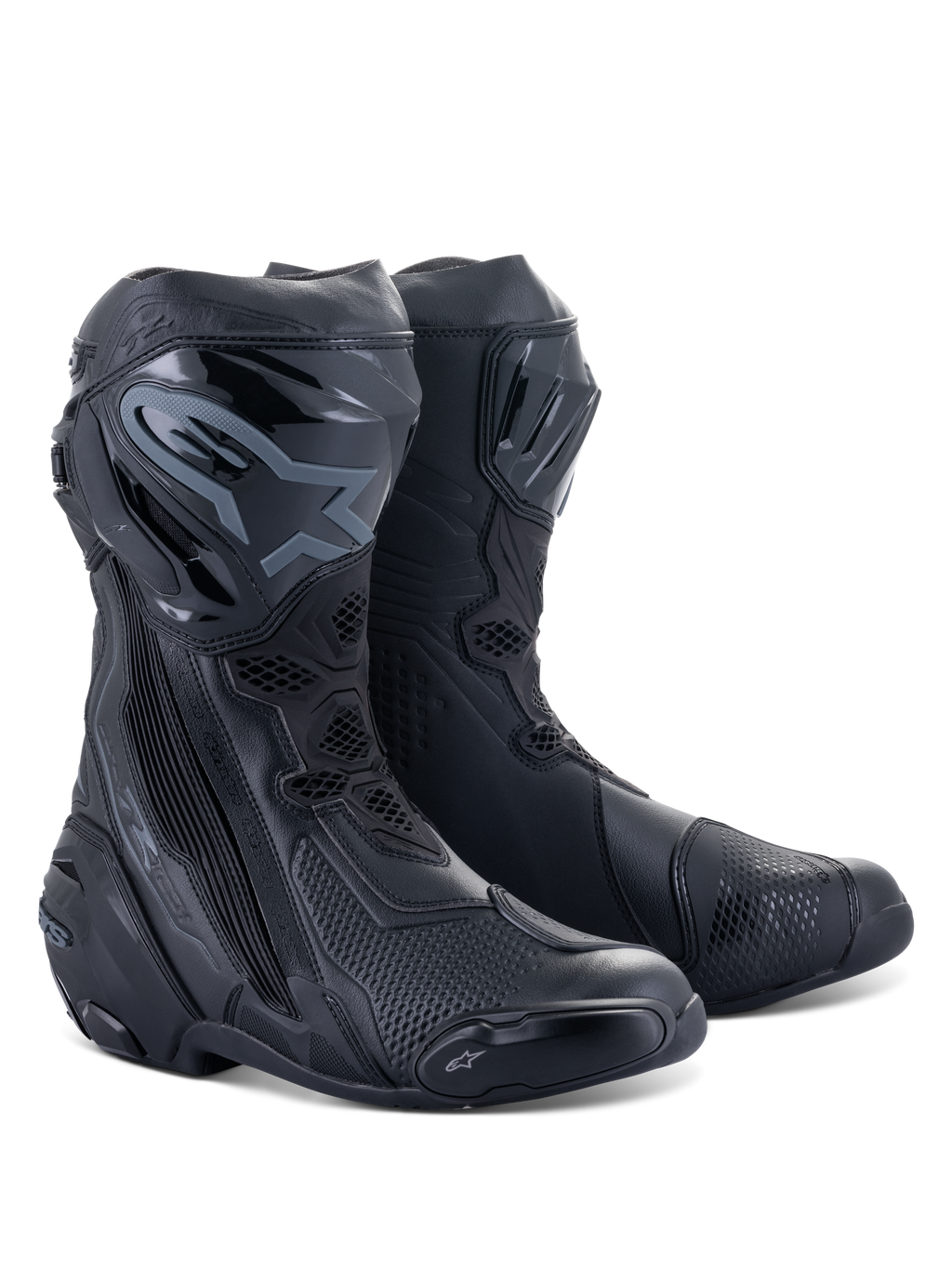 Alpinestars Supertech R Stiefel, Motorrad-Rennstiefel, Schwarz auf Schwarz, mit schützenden TPU-Schienbeinplatten, austauschbaren Schleifern und einem stromlinienförmigen Performance-Design für Straße und Rennstrecke.