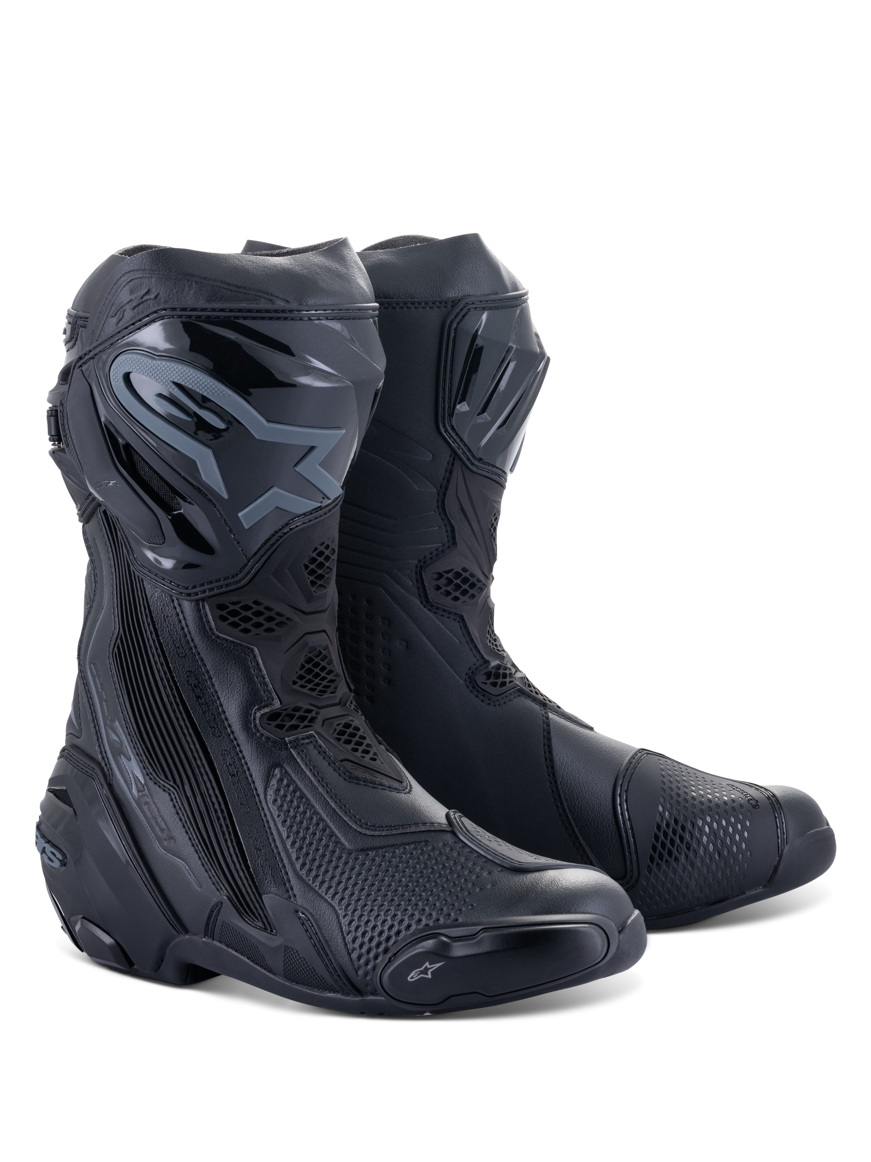 Alpinestars Supertech R Stiefel, Motorrad-Rennstiefel, Schwarz auf Schwarz, mit schützenden TPU-Schienbeinplatten, austauschbaren Schleifern und einem stromlinienförmigen Performance-Design für Straße und Rennstrecke.