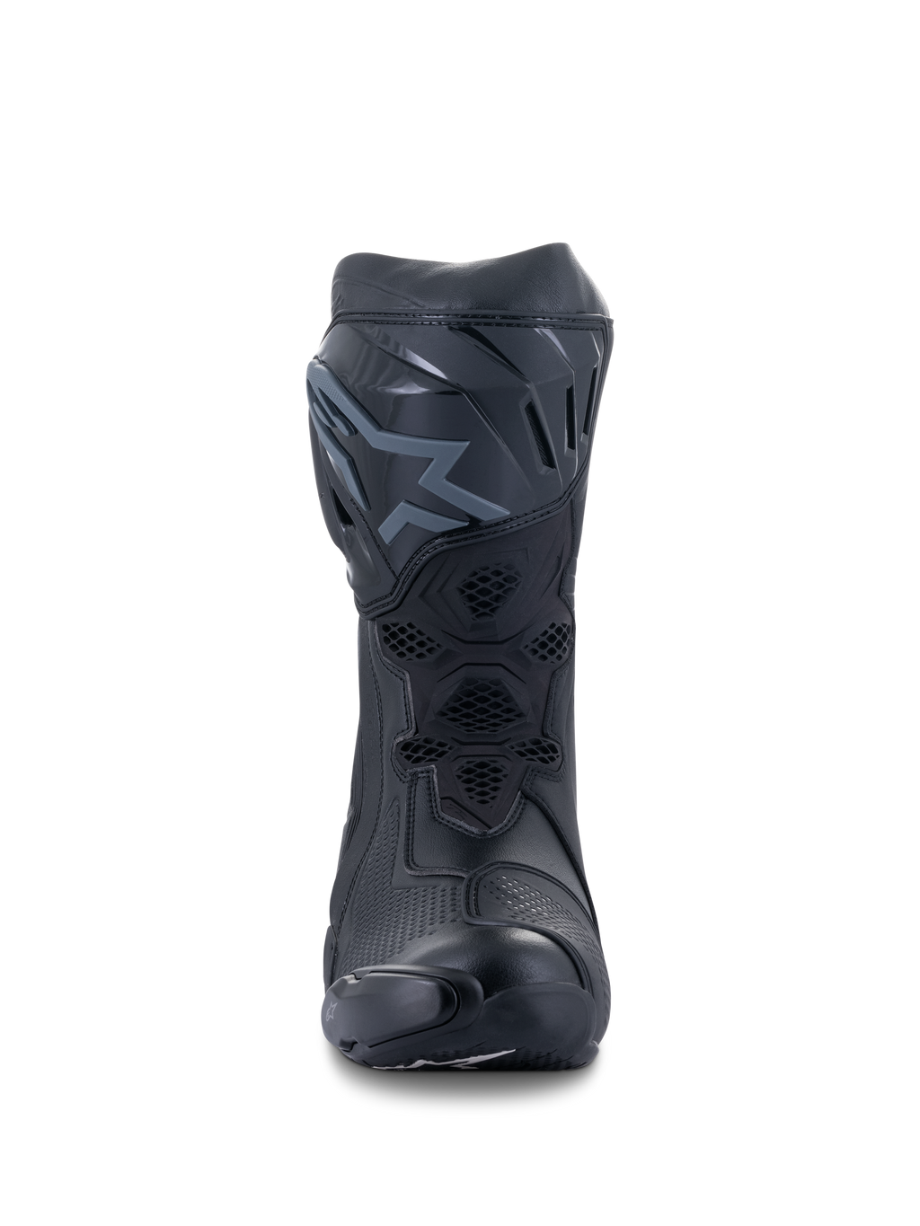 Alpinestars Supertech R Stiefel, Motorrad-Rennstiefel, Schwarz, Vorderansicht mit TPU-Schienbeinplatte und Logo, Mesh-Belüftungseinsätzen und stromlinienförmiger Schutzkonstruktion