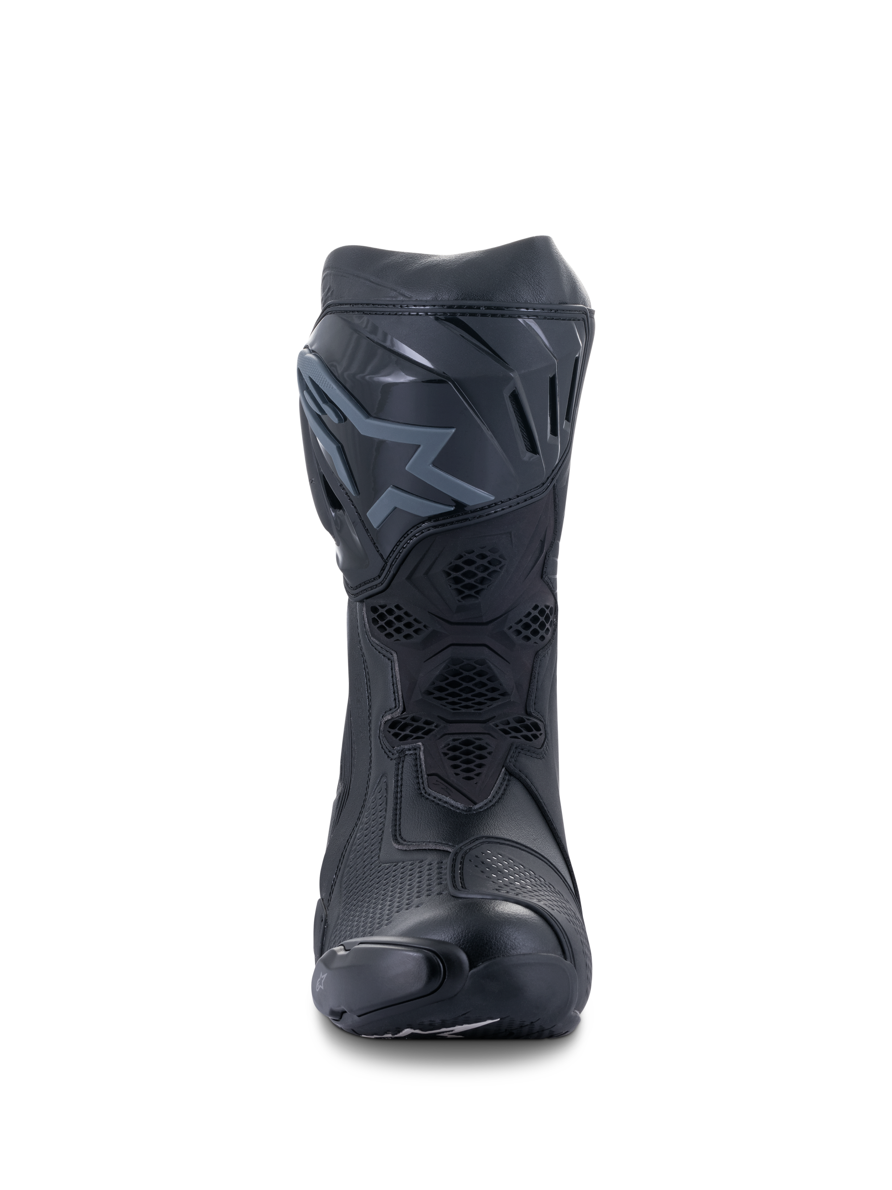 Alpinestars Supertech R Stiefel, Motorrad-Rennstiefel, Schwarz, Vorderansicht mit TPU-Schienbeinplatte und Logo, Mesh-Belüftungseinsätzen und stromlinienförmiger Schutzkonstruktion