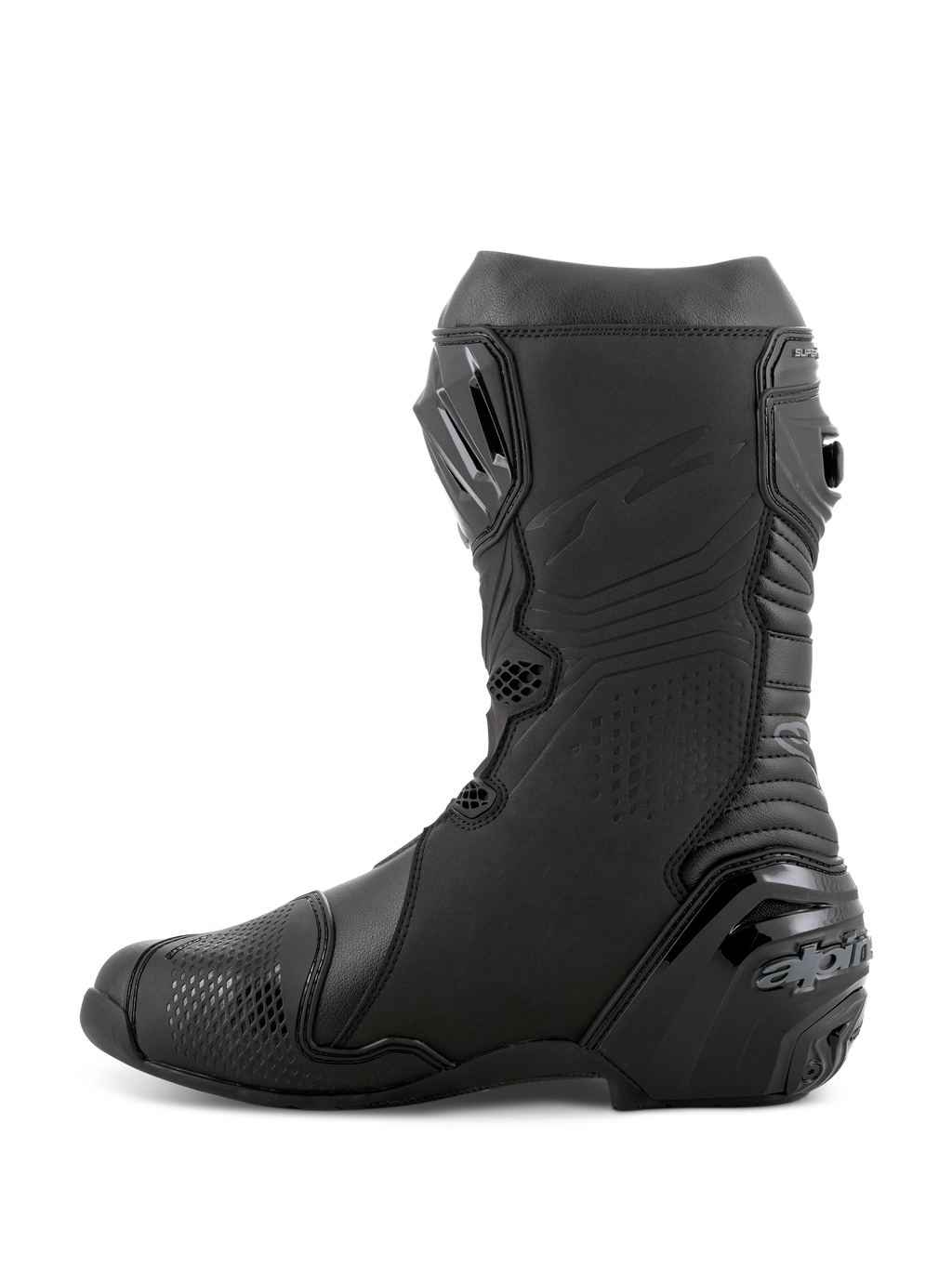 Alpinestars Supertech R Stiefel, Renn-Motorradstiefel, Schwarz, Seitenprofil mit TPU-Schienbeinplatte, verstärktem Fersenschutz und Akkordeon-Flexzonen für natürliche Bewegungsfreiheit, professionelle Performance-Schuhe für Rennstrecke und Straße