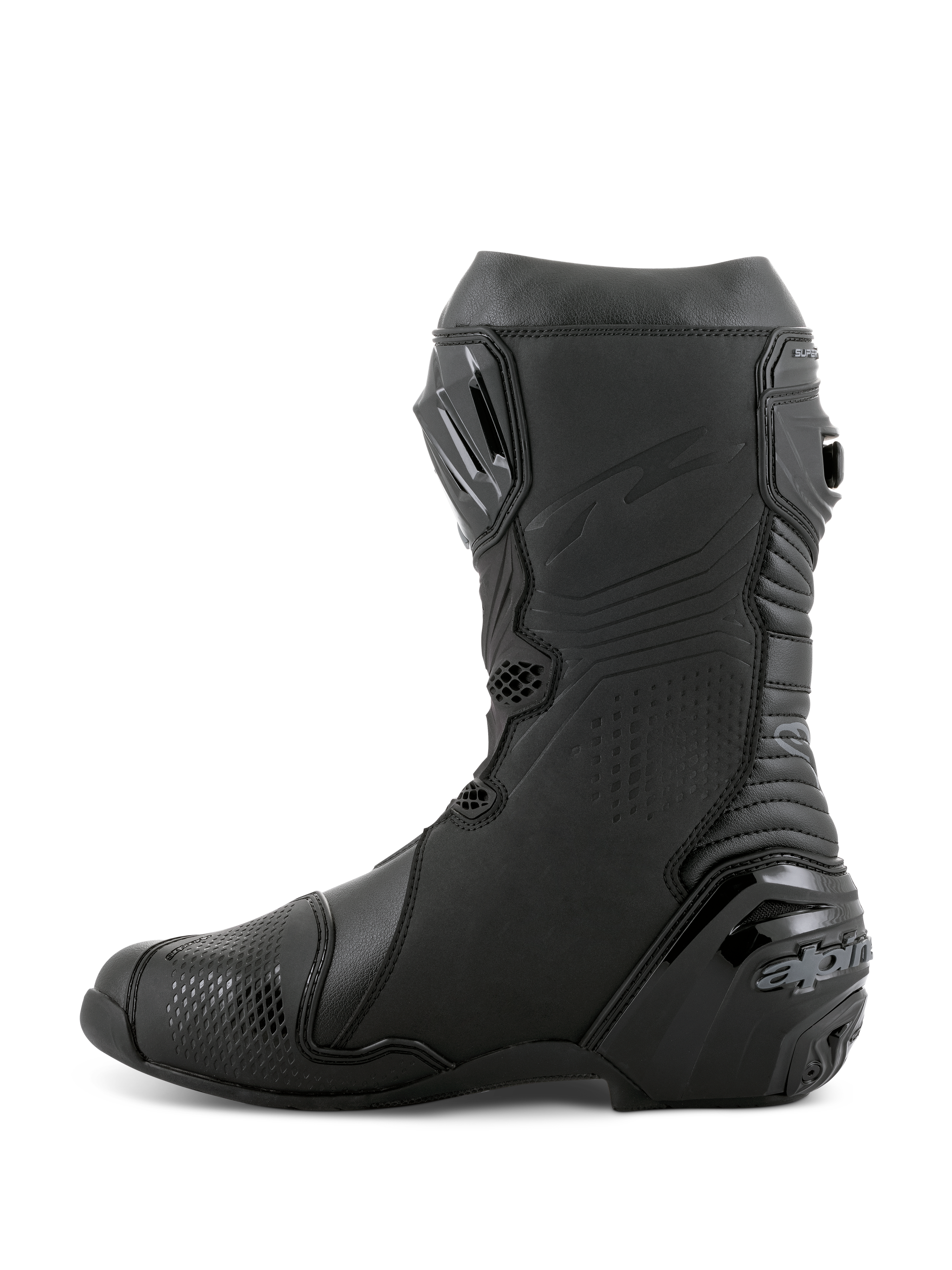 Alpinestars Supertech R Stiefel, Renn-Motorradstiefel, Schwarz, Seitenprofil mit TPU-Schienbeinplatte, verstärktem Fersenschutz und Akkordeon-Flexzonen für natürliche Bewegungsfreiheit, professionelle Performance-Schuhe für Rennstrecke und Straße