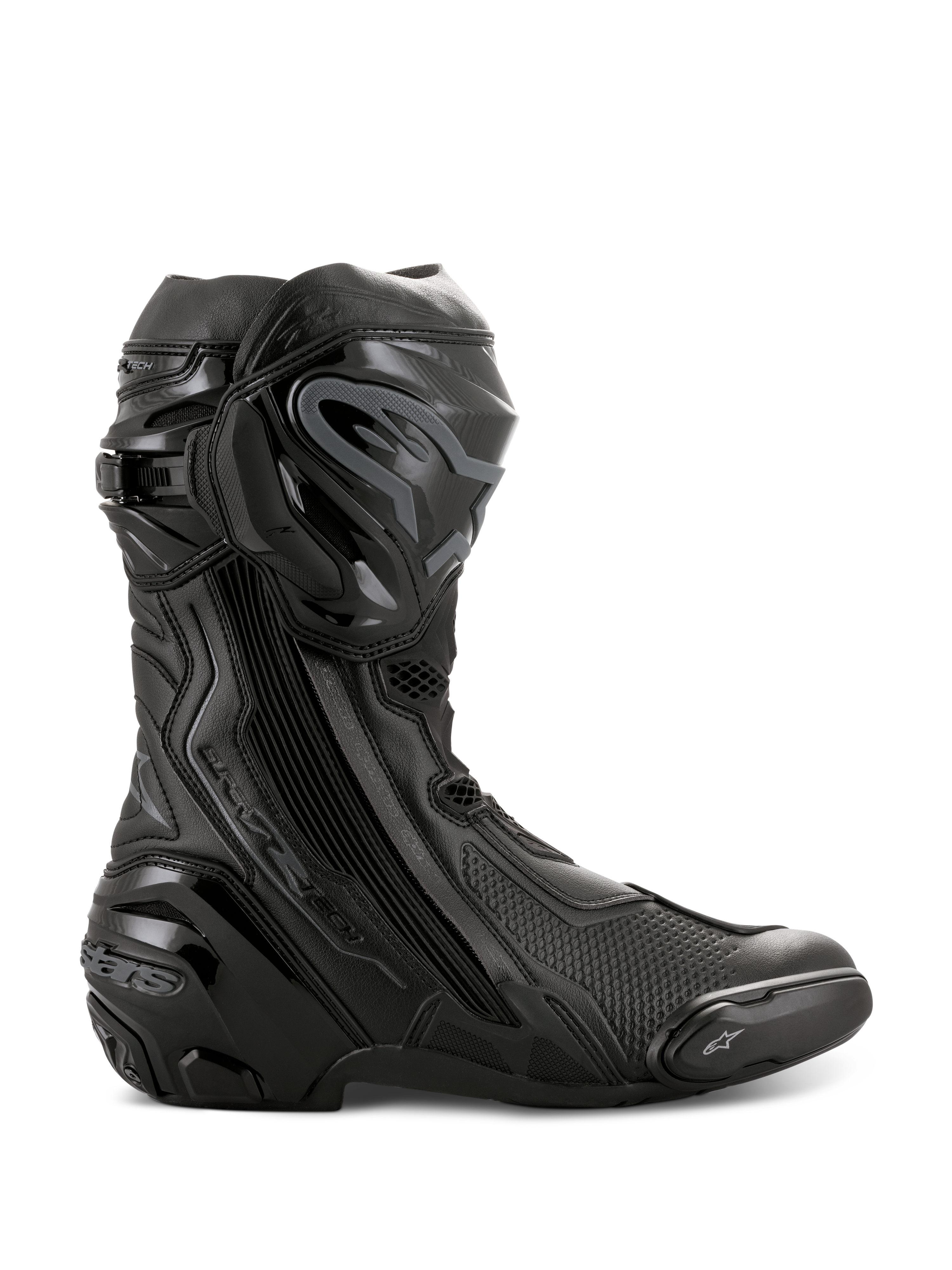Alpinestars Supertech R Stiefel, Hochleistungs-Motorradrennstiefel, Schwarz, Seitenansicht mit TPU-Schienbeinschutz, austauschbarem Zehenschleifer und verstärkter Ferse, professionelles rennstreckentaugliches Design