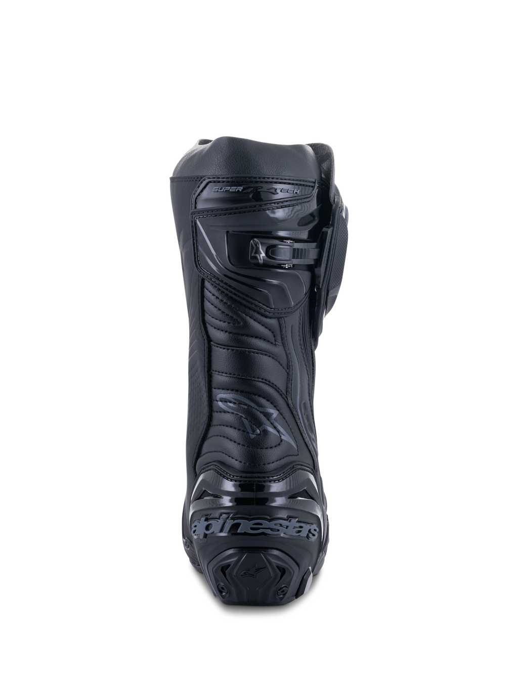 Alpinestars Supertech R Stiefel, Schwarz, Rückansicht mit verstärkter Fersenplatte und Branding, mikroverstellbarem Ratschen-Wadenverschluss und flexibler Achilles-Zone, professionelle Rennsport-Motorradstiefel