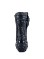 Alpinestars Supertech R Stiefel, Schwarz, Rückansicht mit verstärkter Fersenplatte und Branding, mikroverstellbarem Ratschen-Wadenverschluss und flexibler Achilles-Zone, professionelle Rennsport-Motorradstiefel