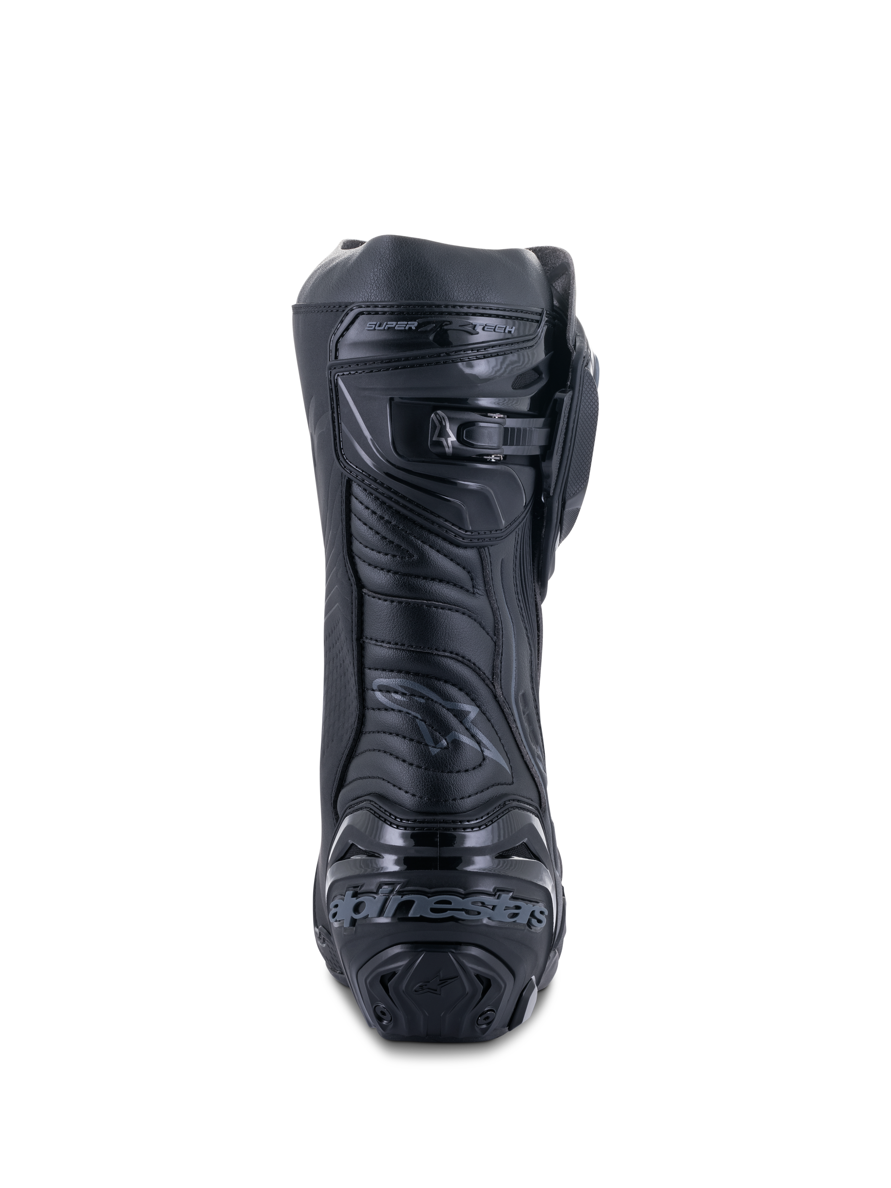 Alpinestars Supertech R Stiefel, Schwarz, Rückansicht mit verstärkter Fersenplatte und Branding, mikroverstellbarem Ratschen-Wadenverschluss und flexibler Achilles-Zone, professionelle Rennsport-Motorradstiefel